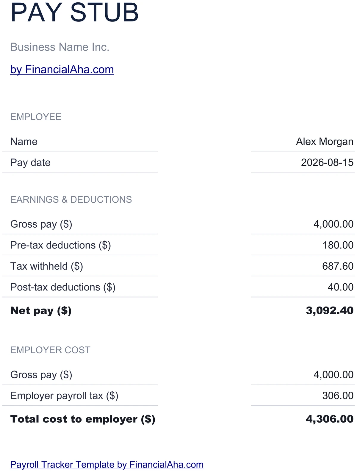 Printable Single-Employee Pay Stub