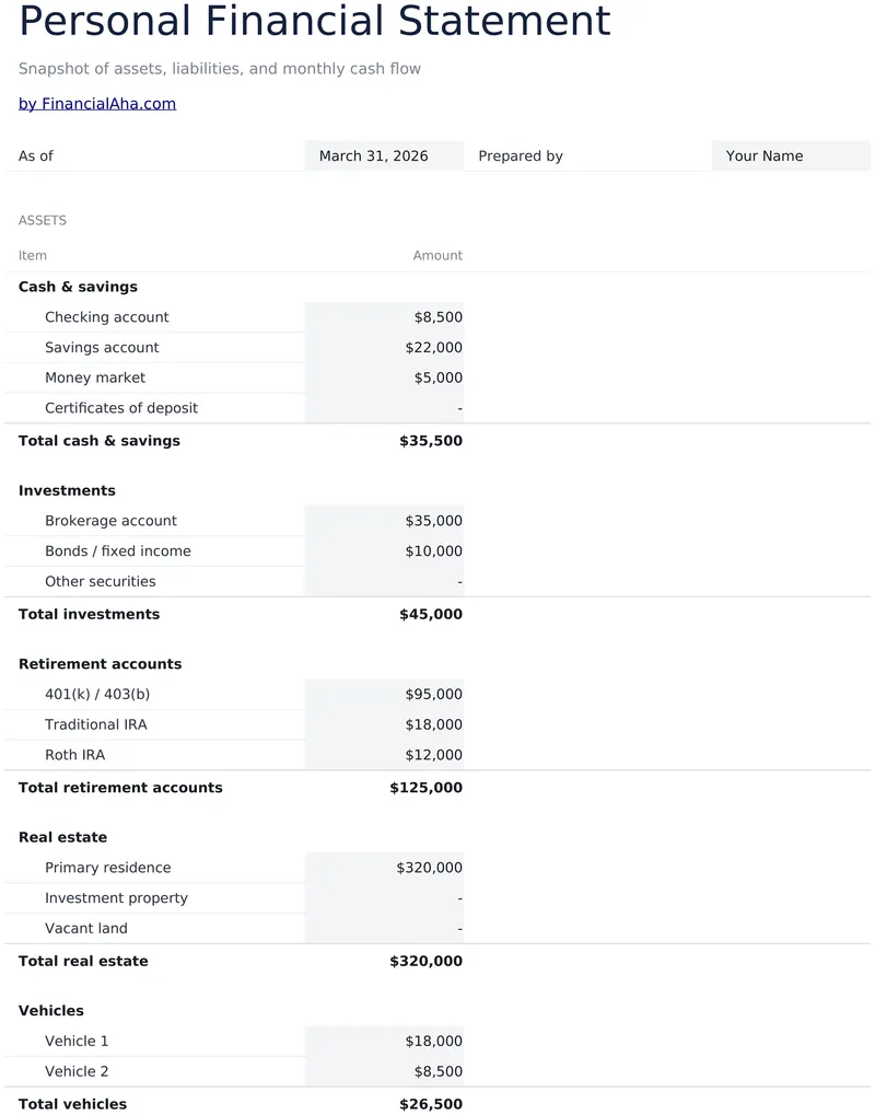 Personal Financial Statement preview