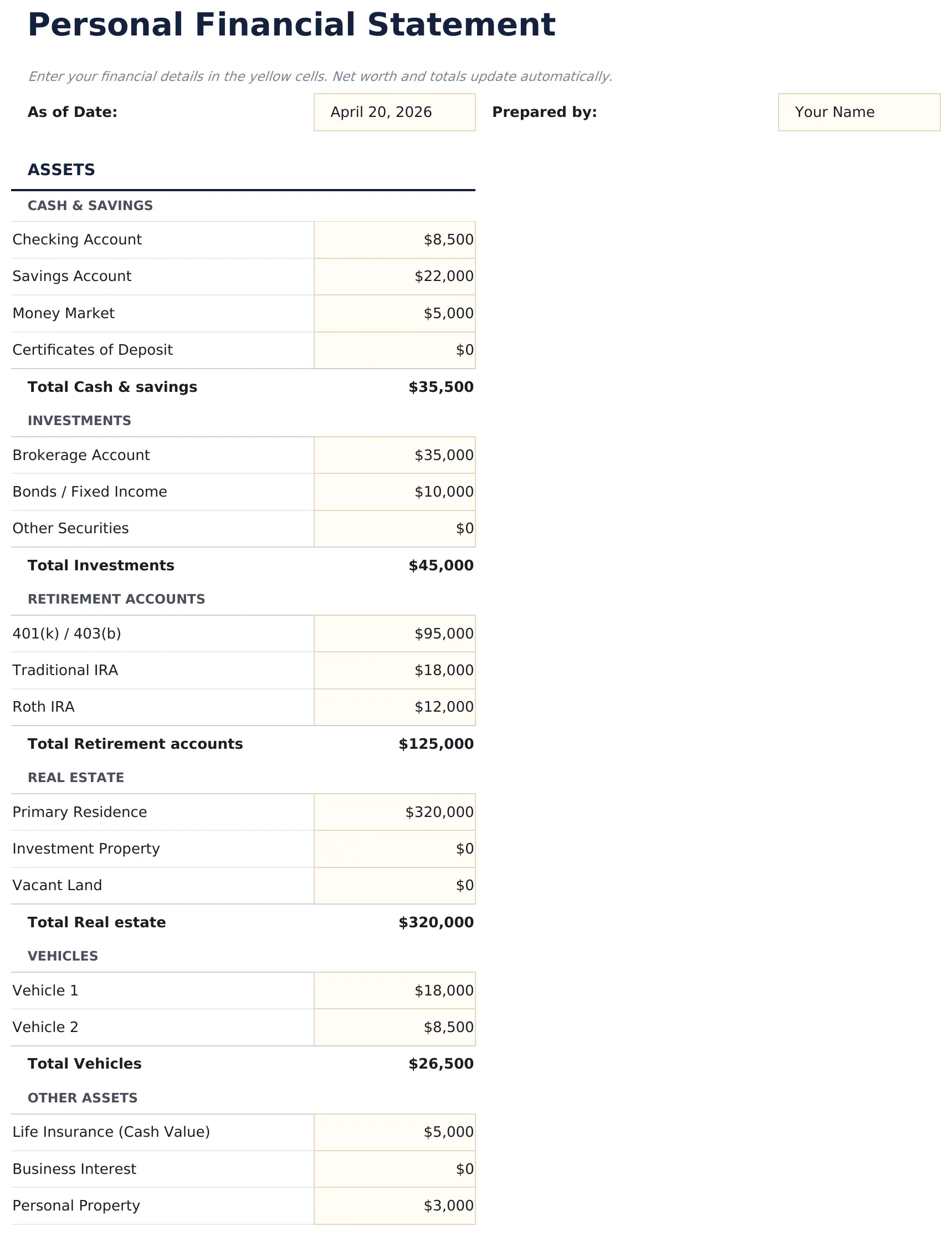Personal Financial Statement preview
