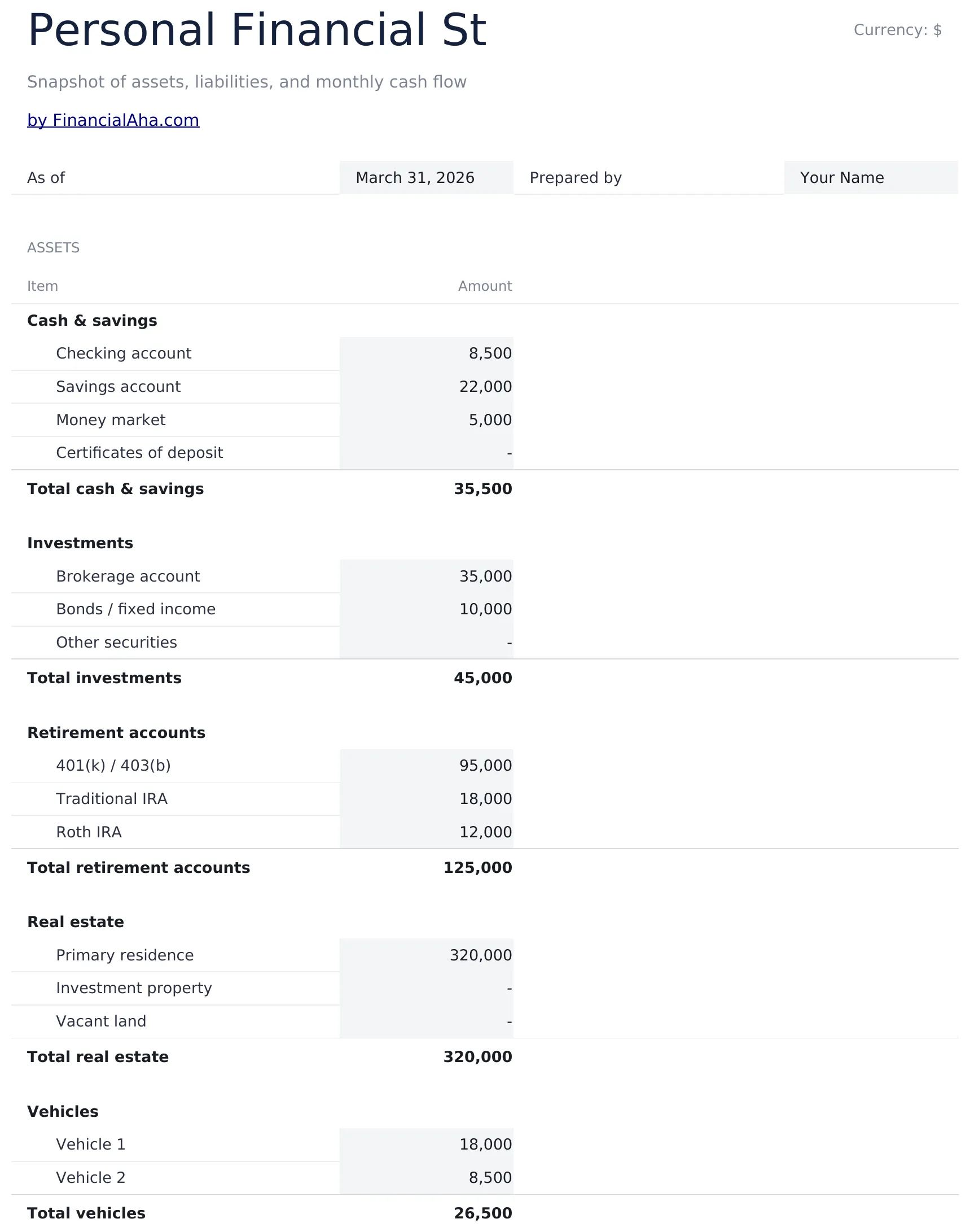 Personal Financial Statement preview