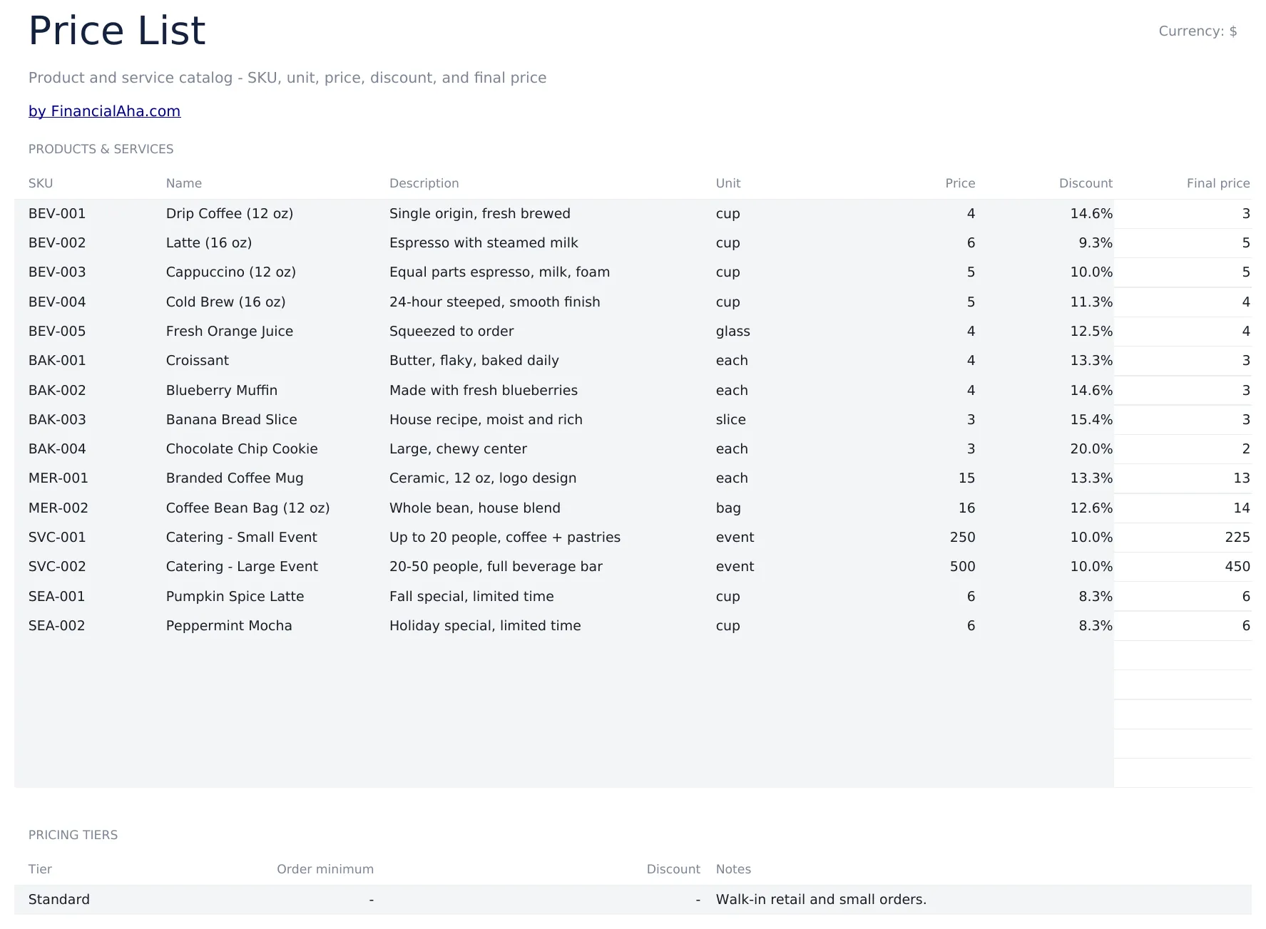 Price List Template preview