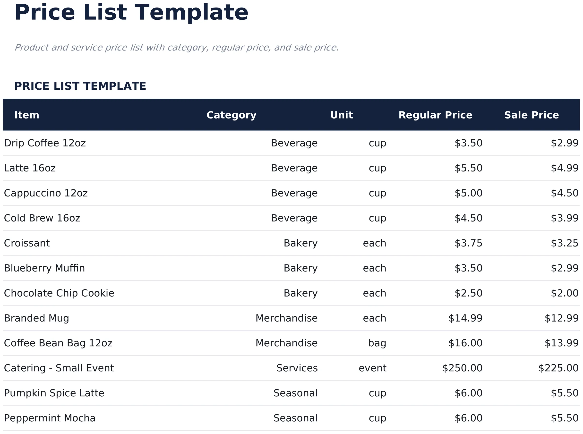 Price List Template preview