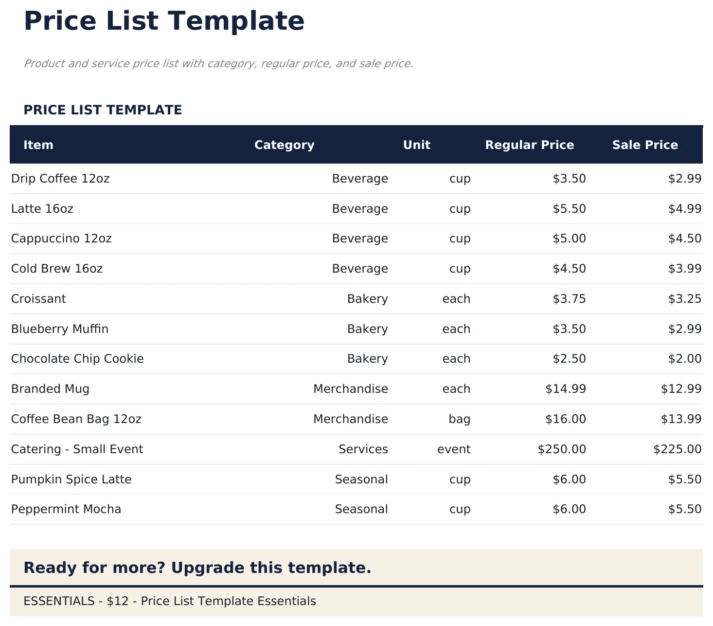 Price List Template preview
