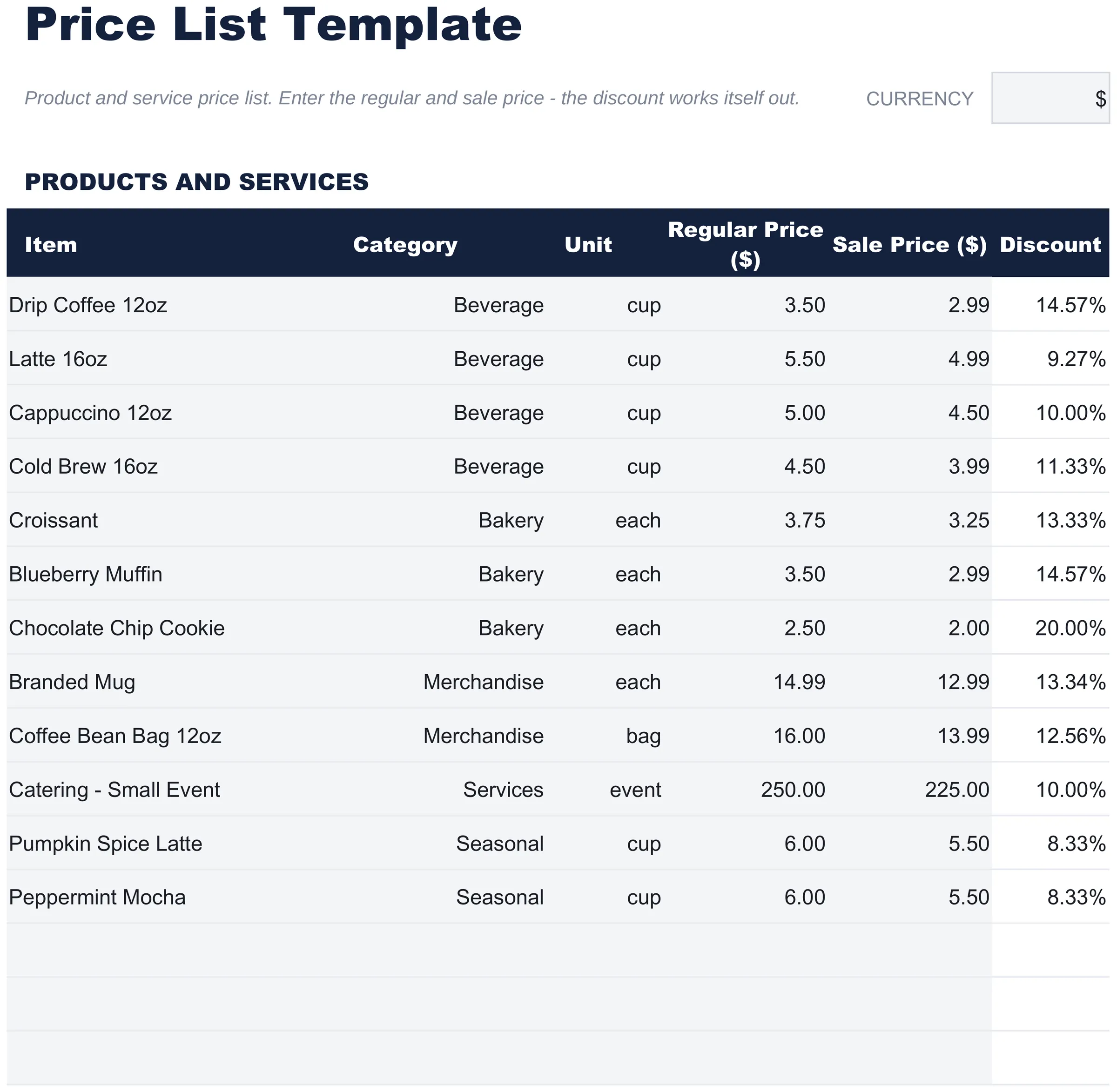 Free Price List Template Spreadsheet Template for Google Sheets & Excel - dashboard preview