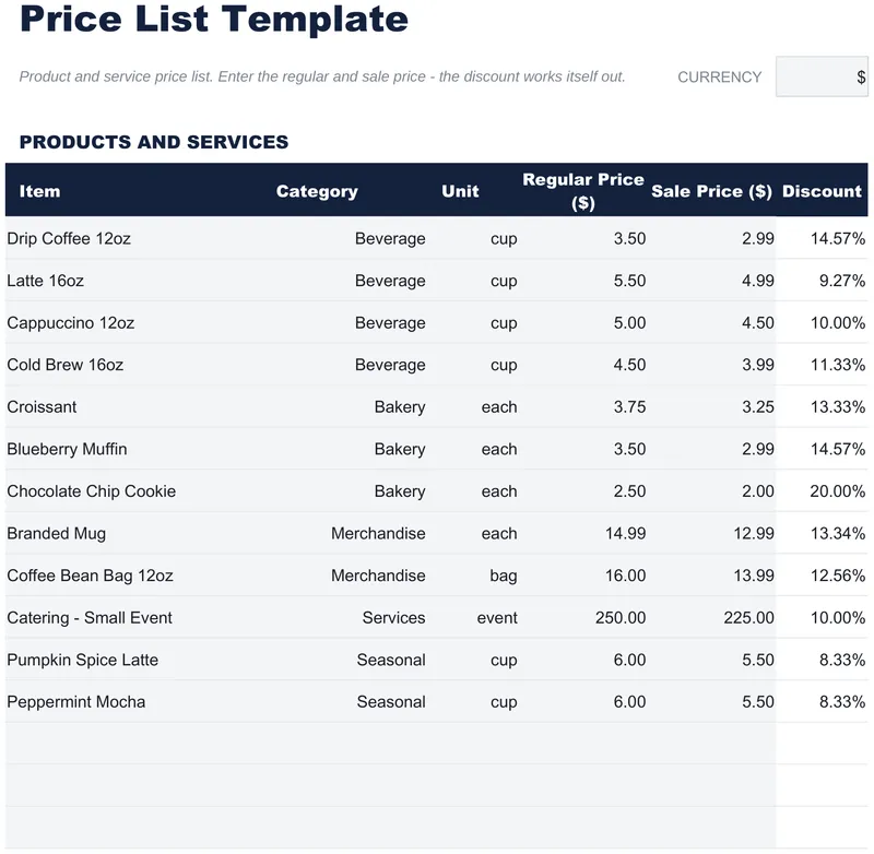 Price List Template
