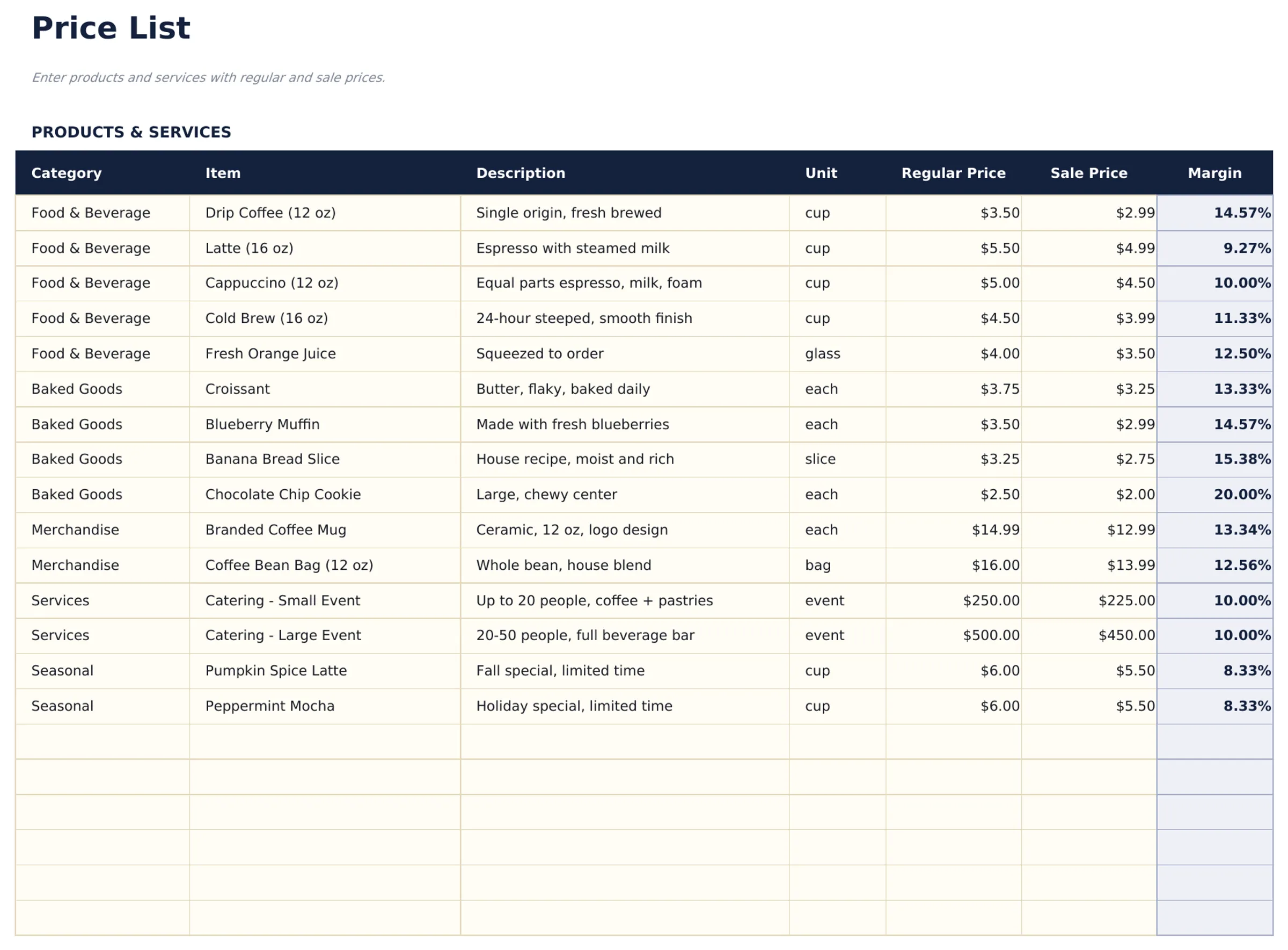 Price List Template preview