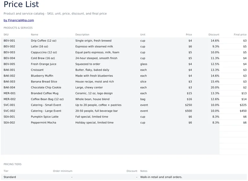 Price List Template preview