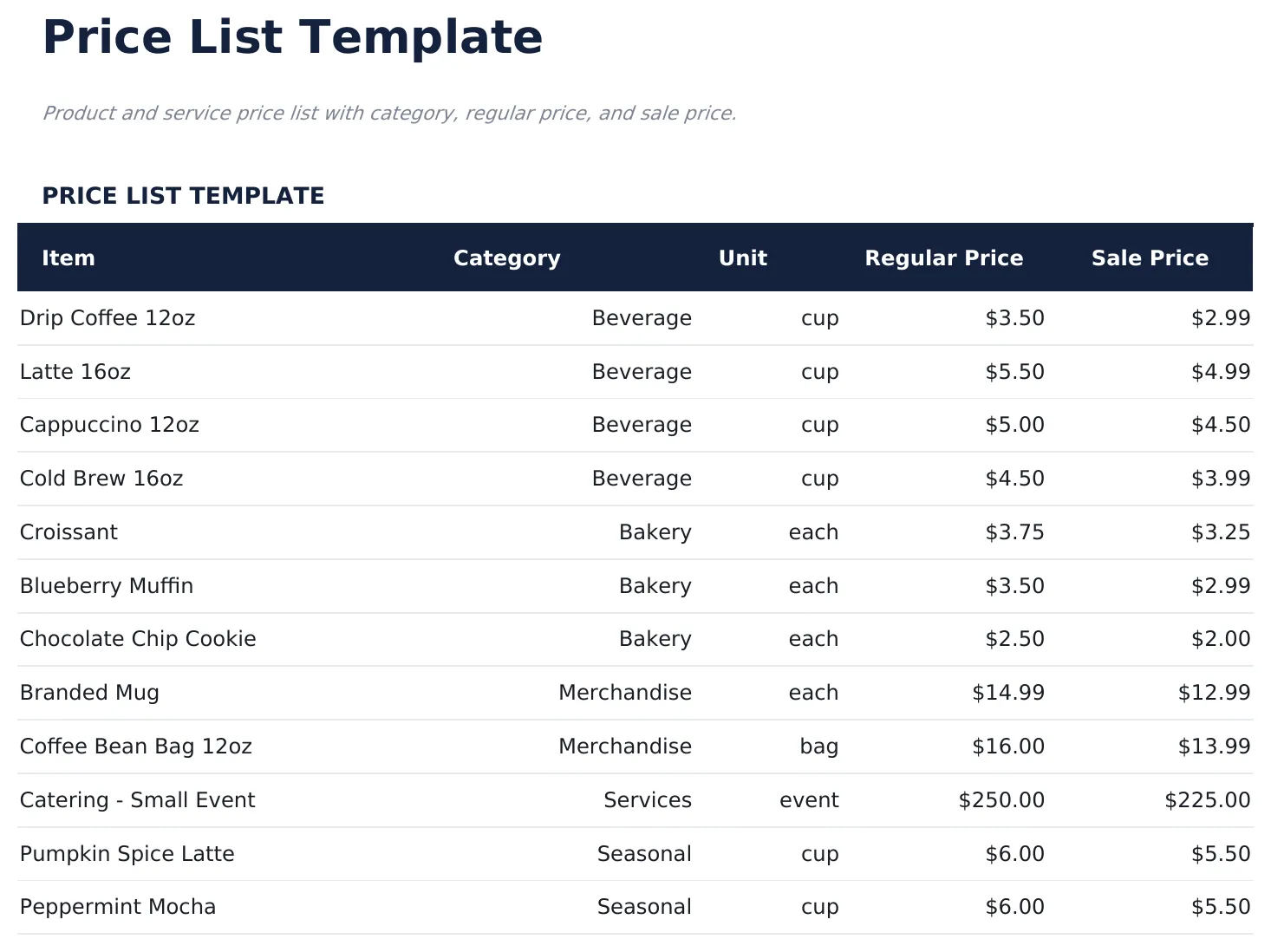 Price List Template preview