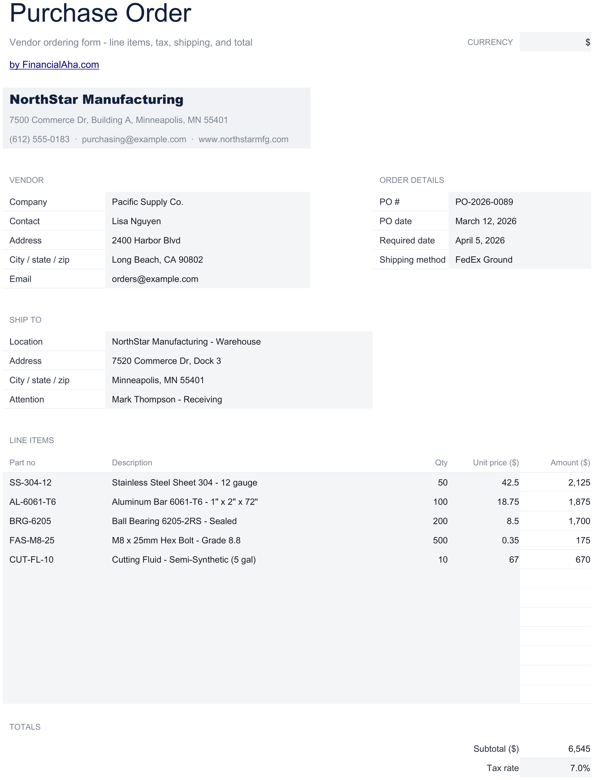Essentials Purchase Order spreadsheet template preview