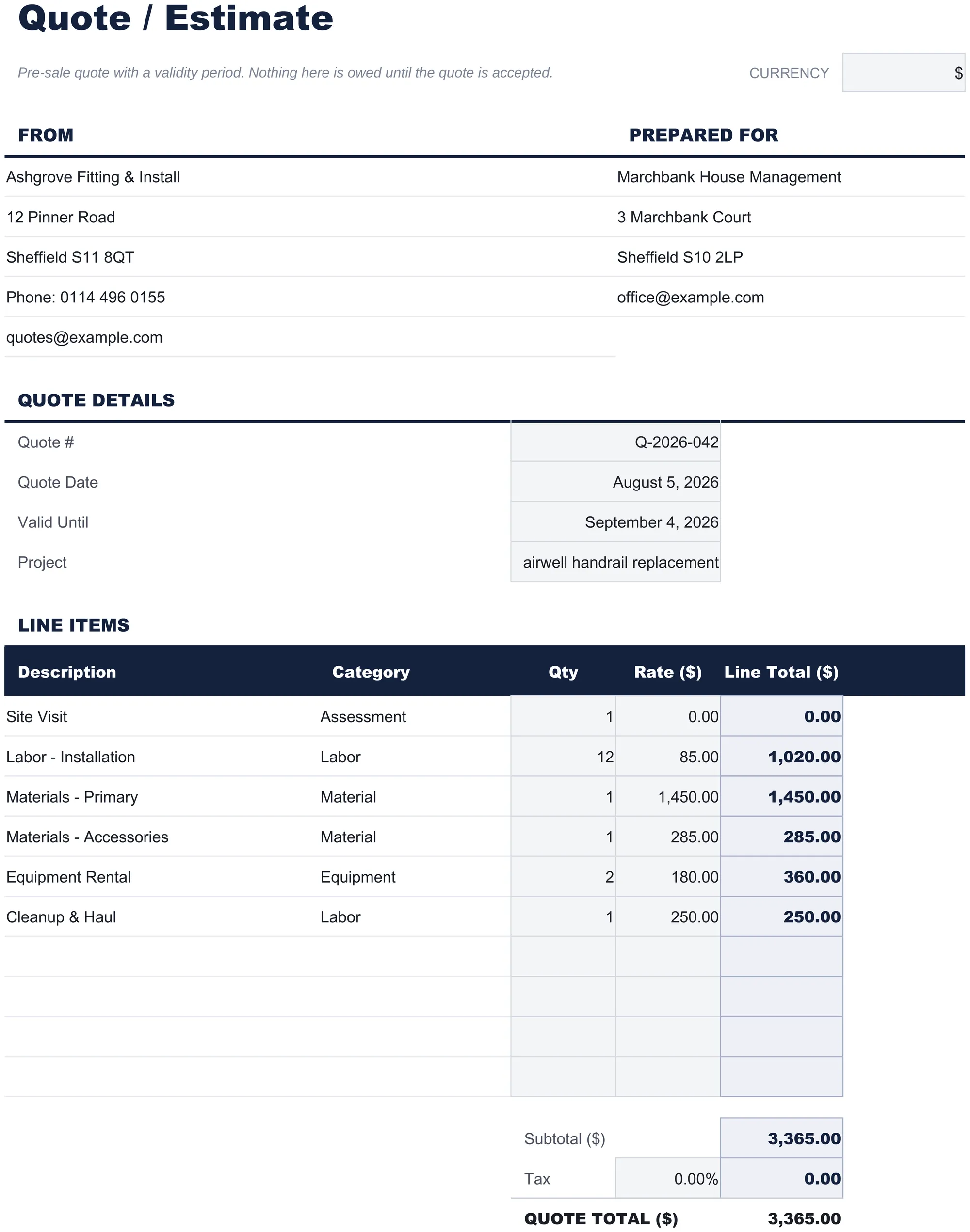 Gratuito Modello Preventivo Modello di foglio di calcolo per Google Sheets ed Excel - dashboard preview