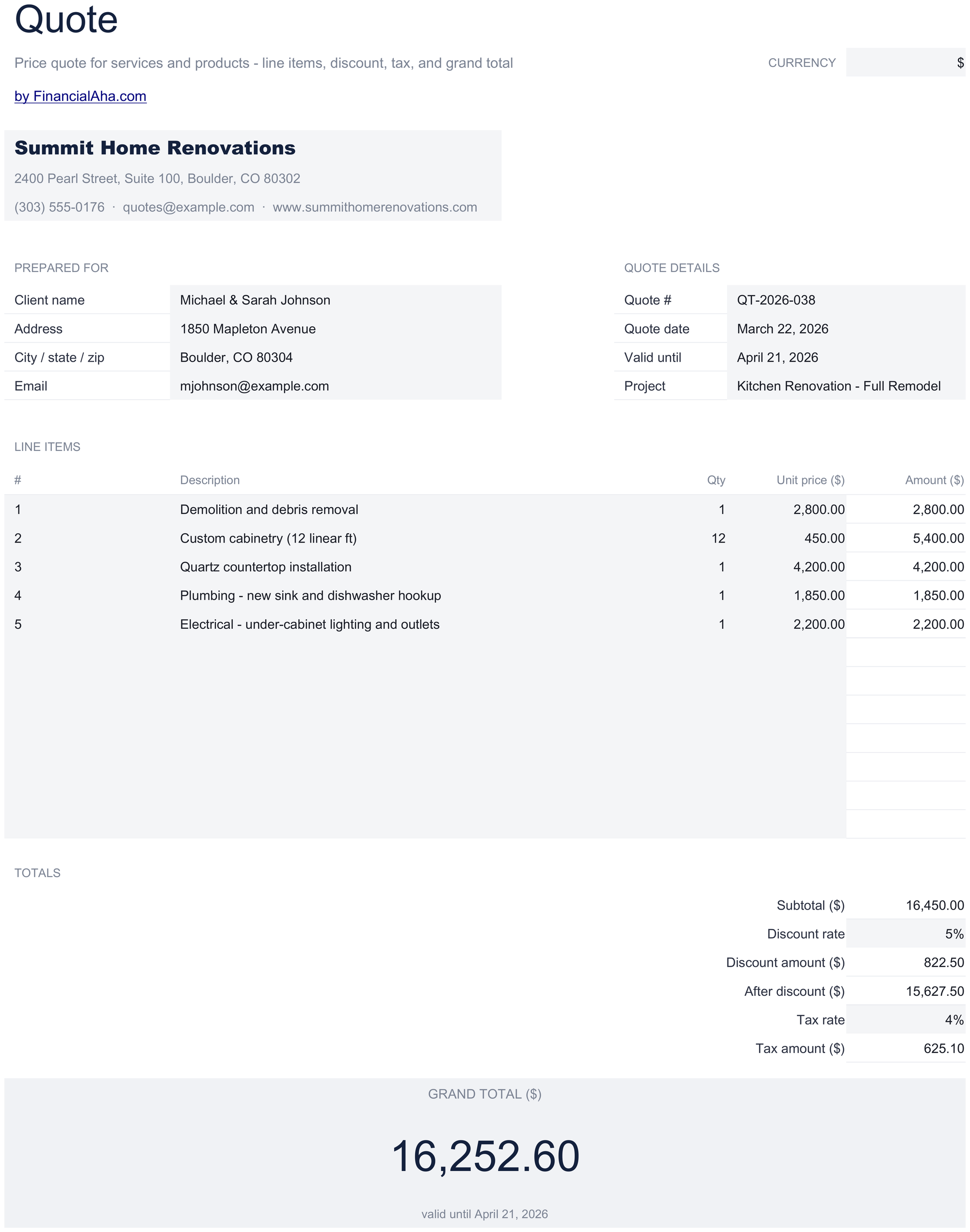 Essentials Quote Template spreadsheet template preview