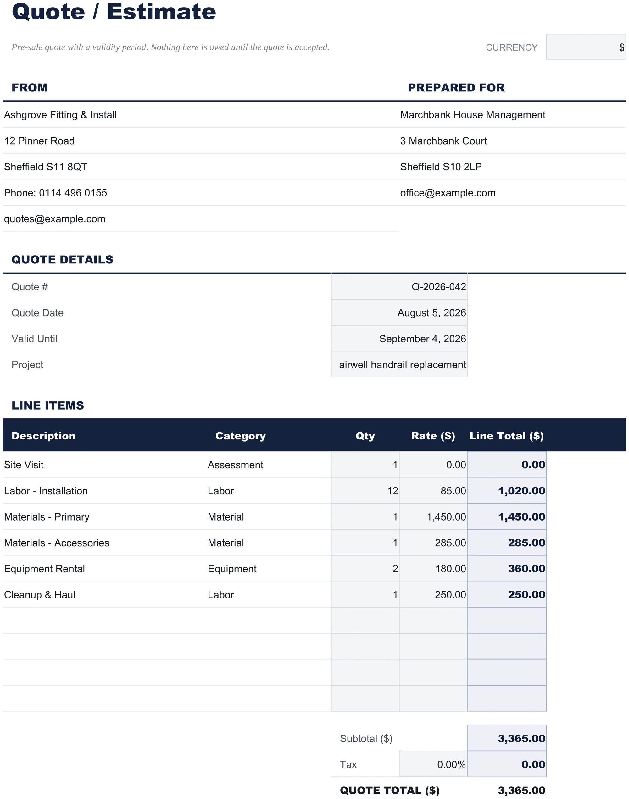 Free Quote Template Spreadsheet Template for Google Sheets & Excel - dashboard preview