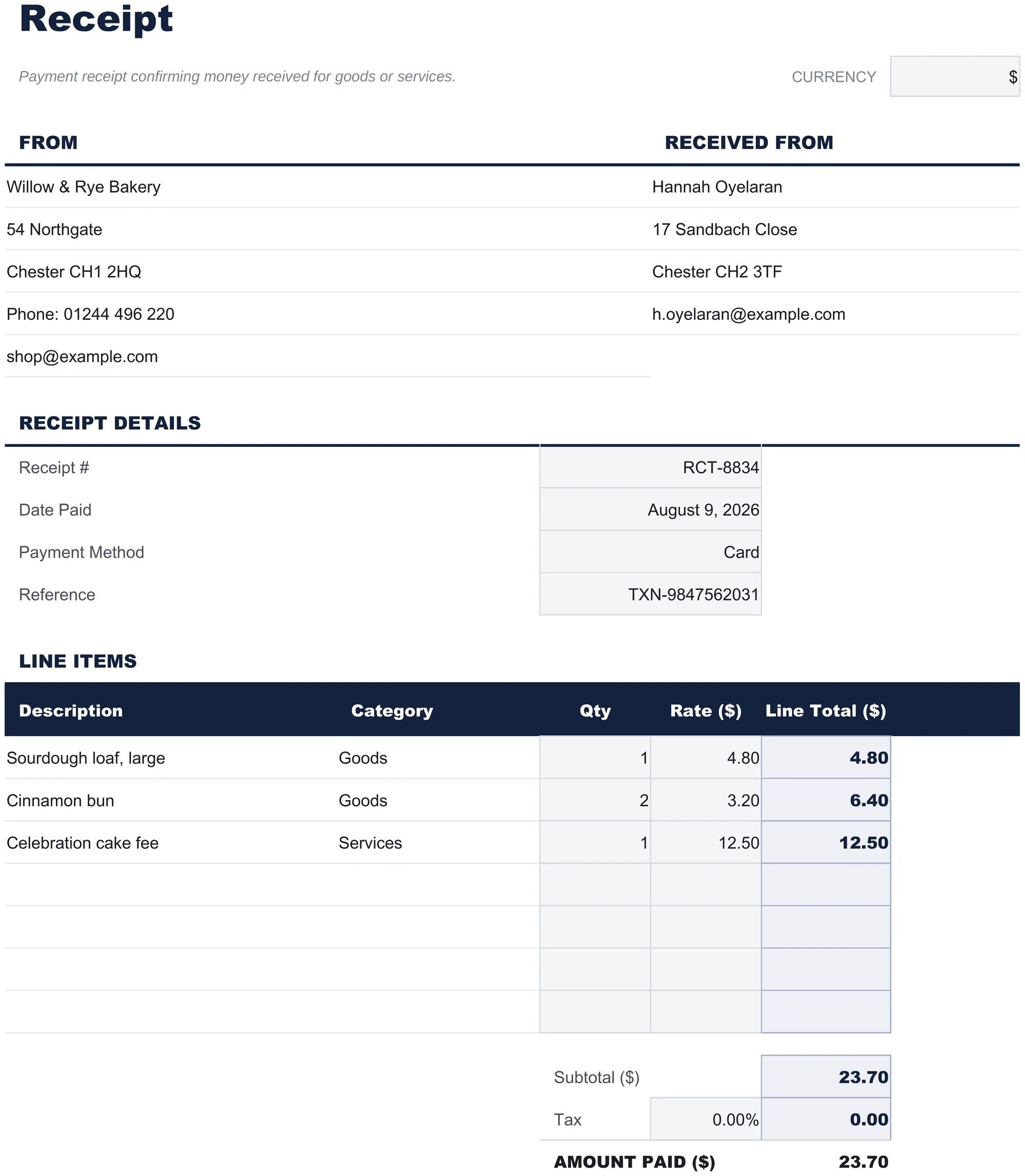 Free Receipt Template Spreadsheet Template for Google Sheets & Excel - dashboard preview