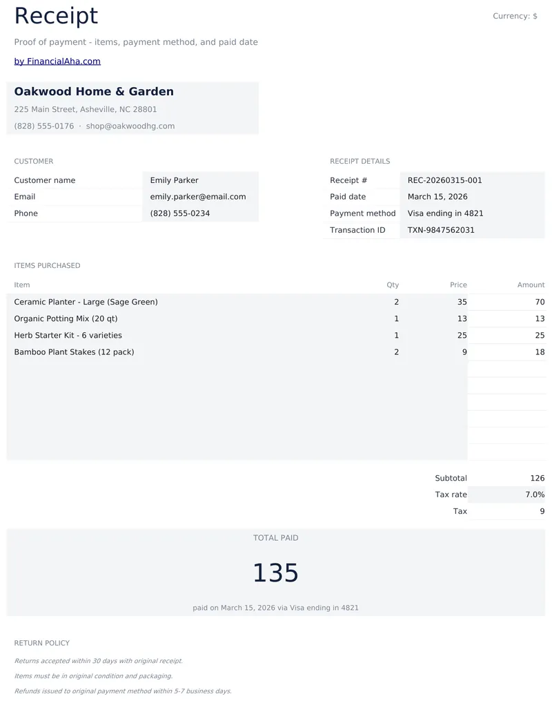 Receipt Template preview