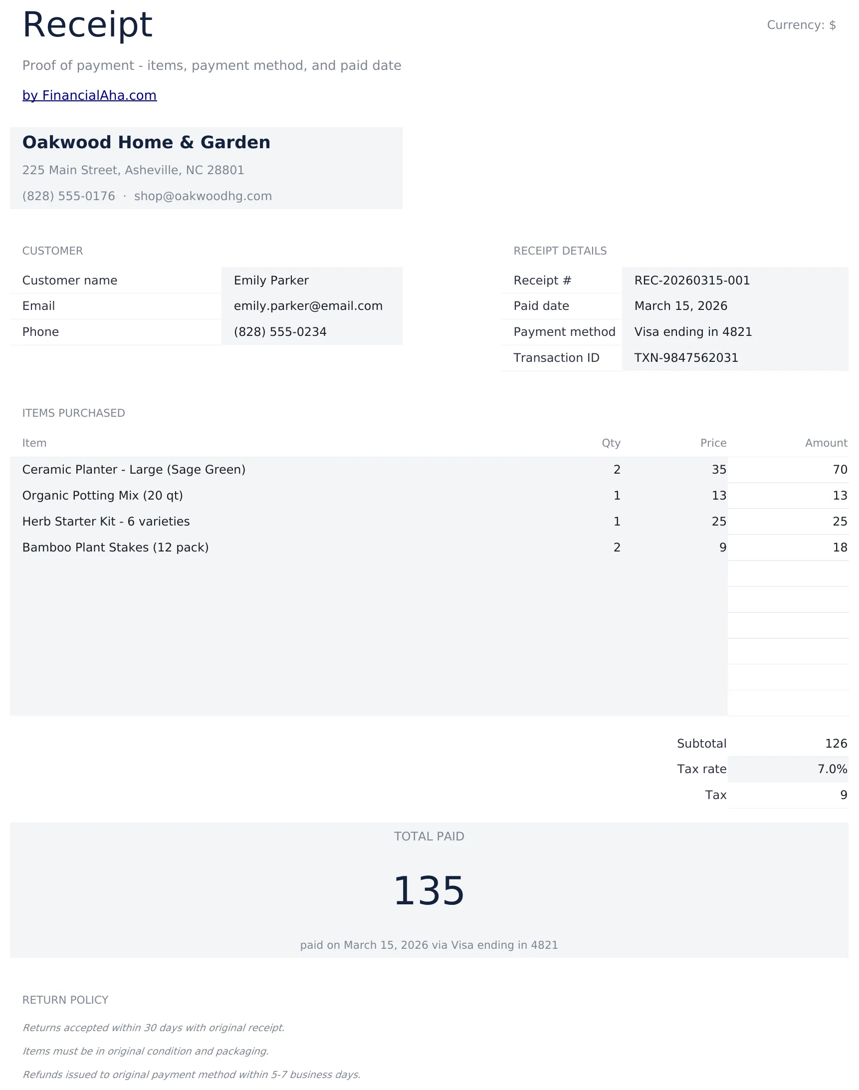 Receipt Template preview