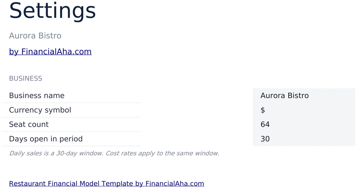 Restaurant Financial Model Settings