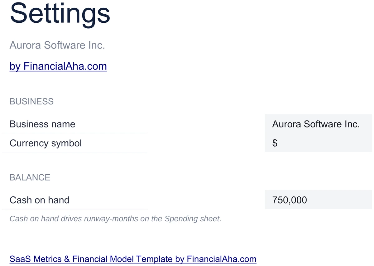 SaaS Metrics Model Settings