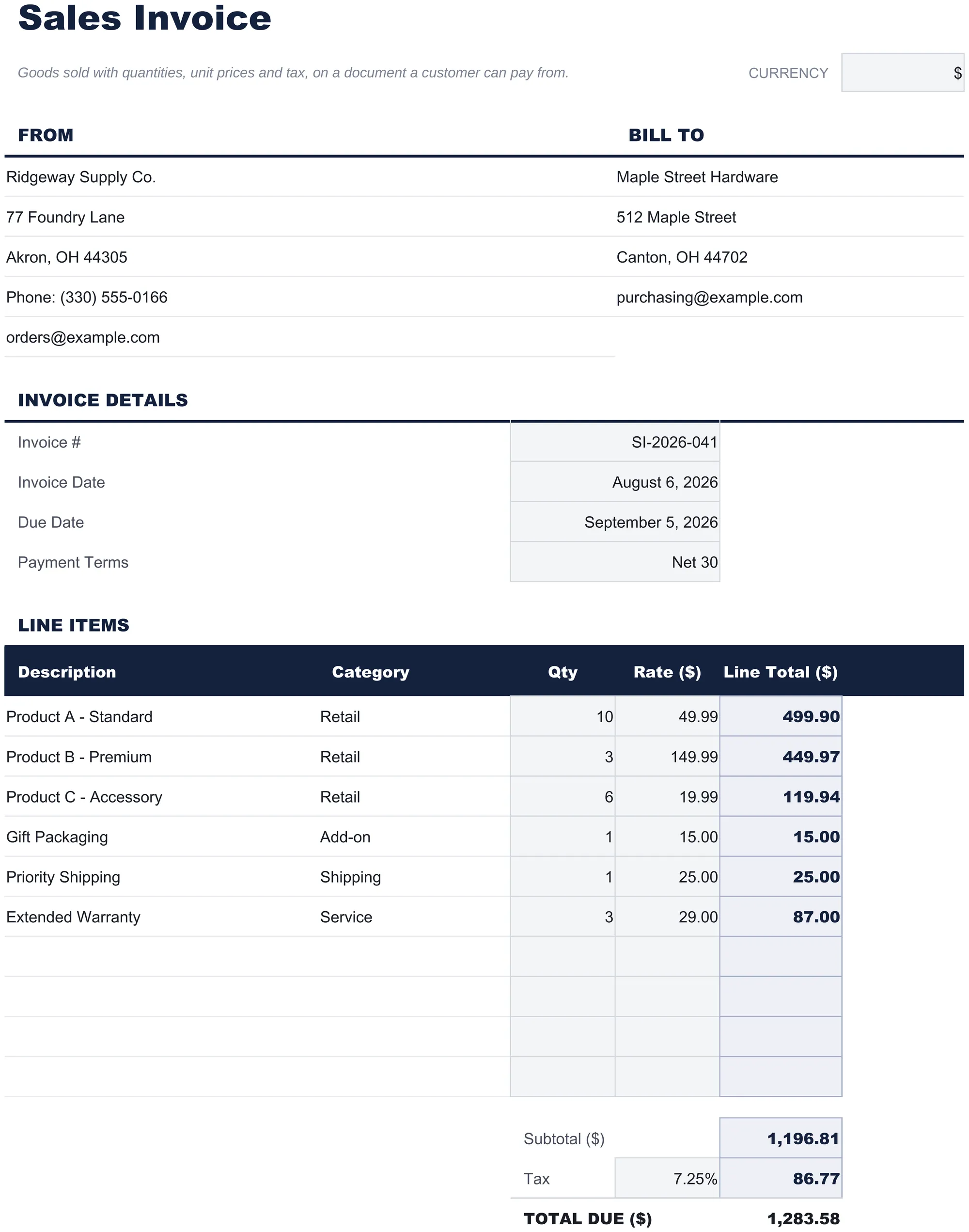 Free Sales Invoice Spreadsheet Template for Google Sheets & Excel - dashboard preview