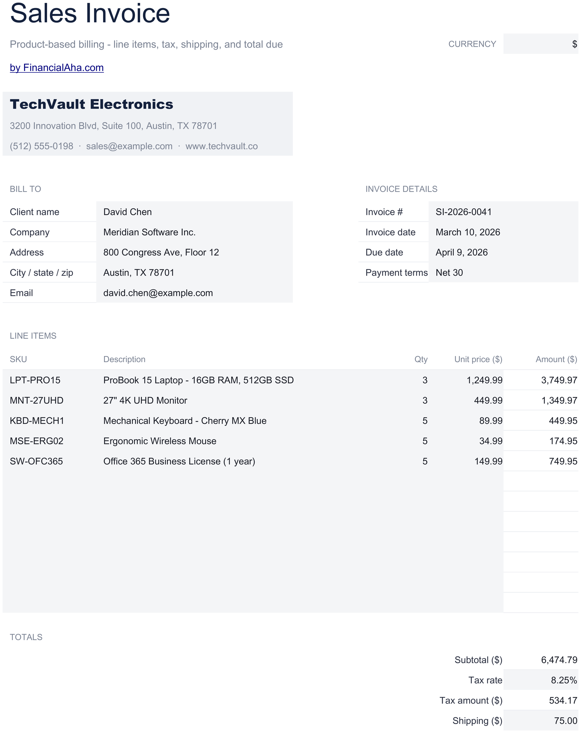 Essentials Sales Invoice spreadsheet template preview