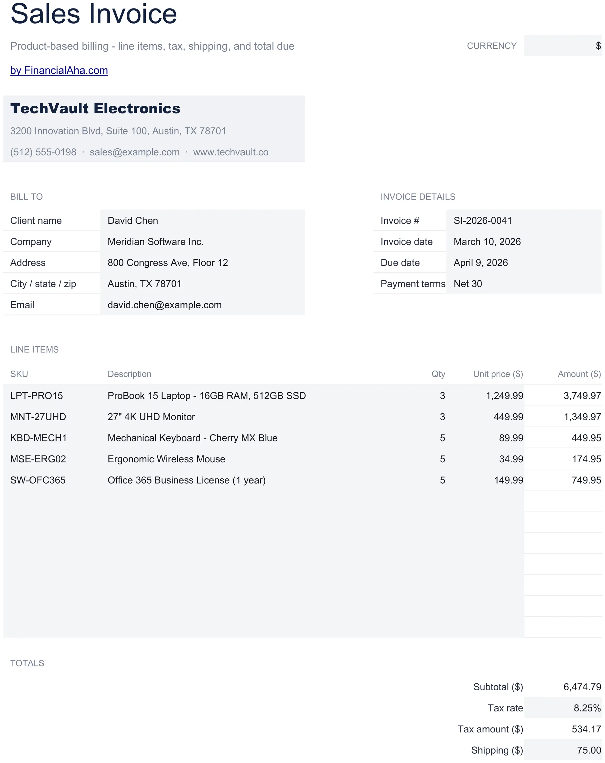 Modèle de tableur Essentials Facture de vente - aperçu Google Sheets et Excel