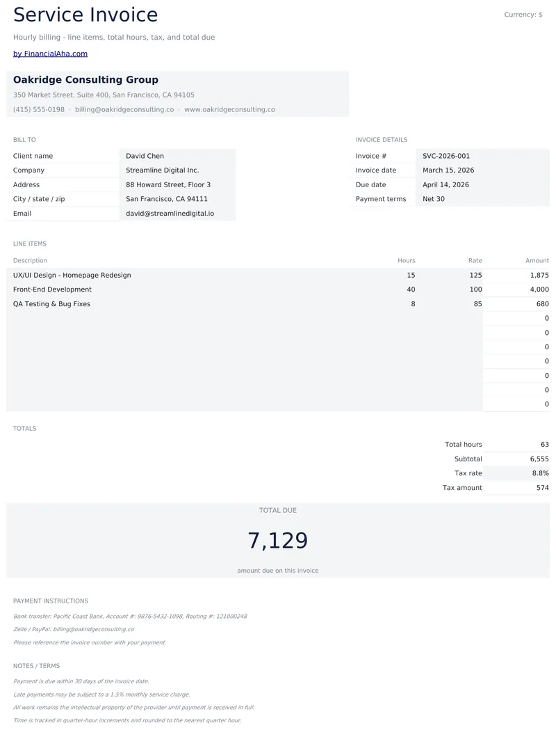 Service Invoice preview