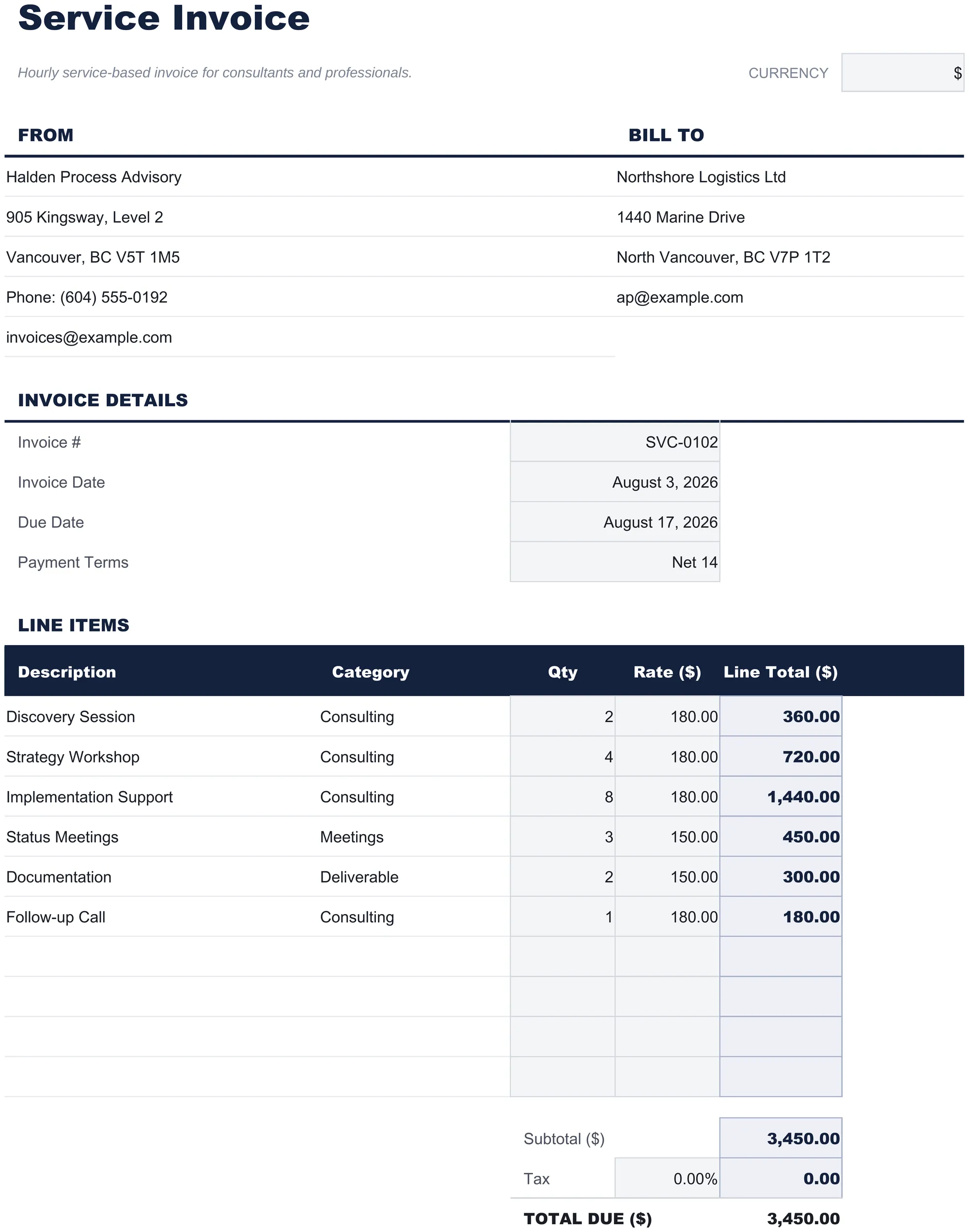 Free Service Invoice Spreadsheet Template for Google Sheets & Excel - dashboard preview