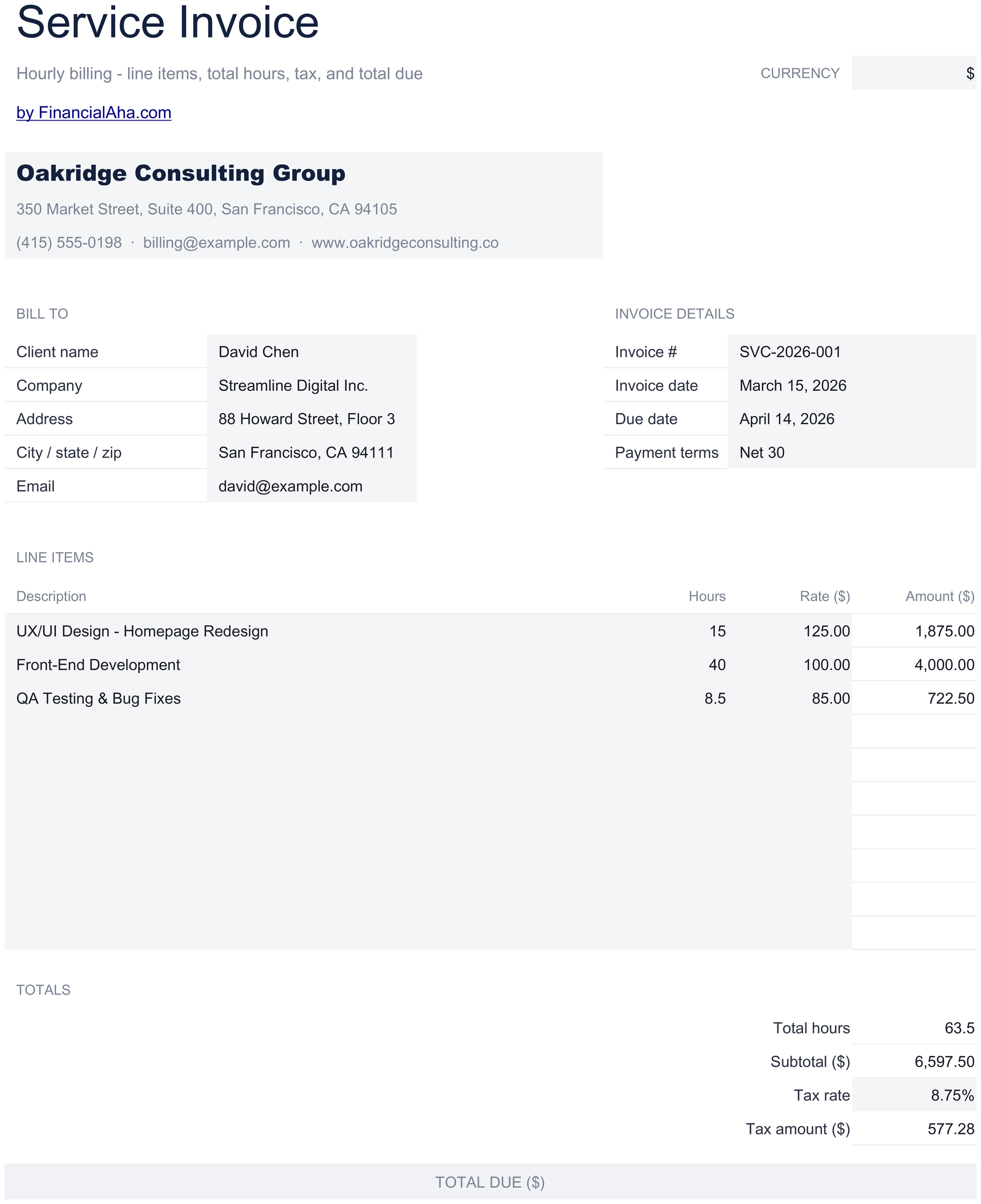 Essentials Service Invoice spreadsheet template preview