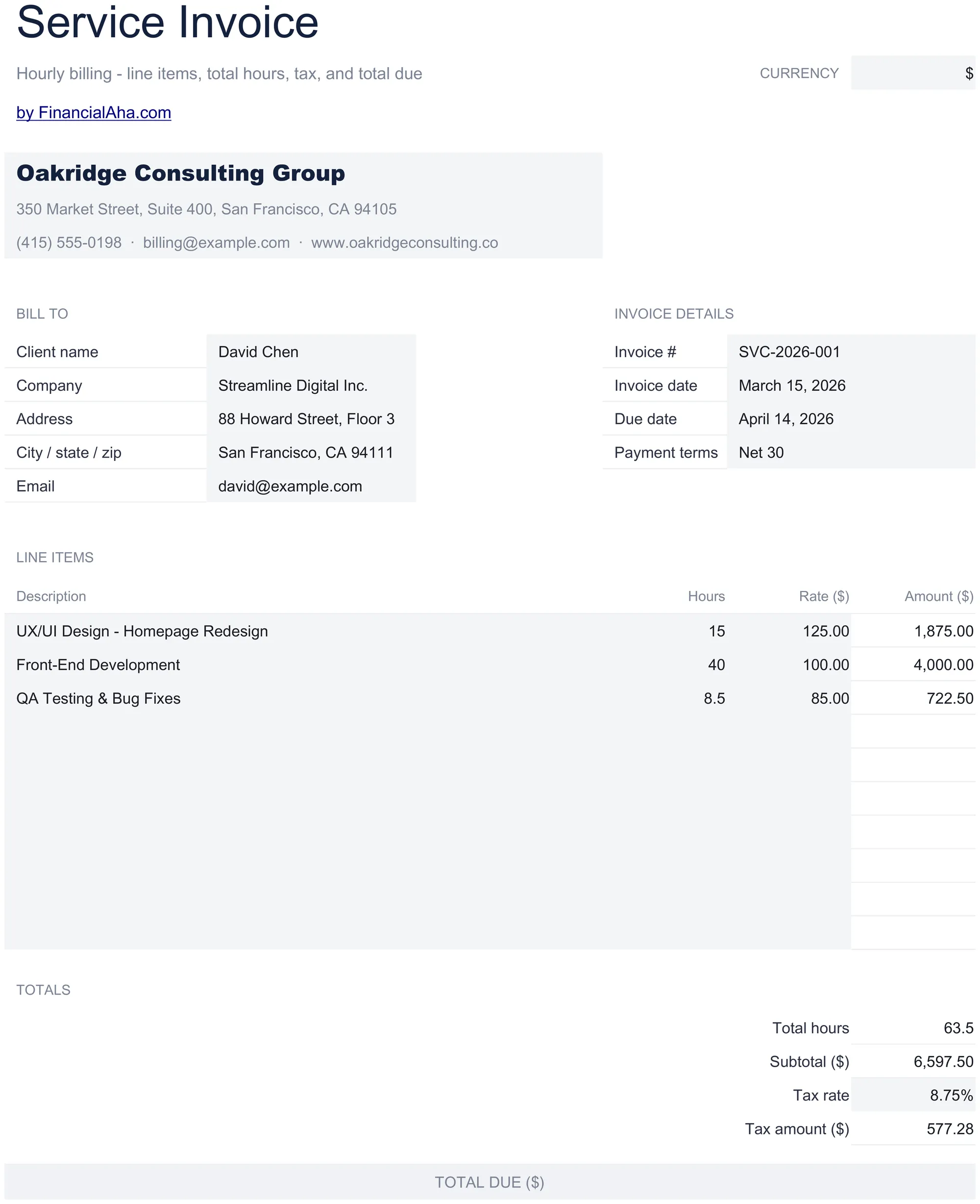 Modèle de tableur Essentials Facture de services - aperçu Google Sheets et Excel