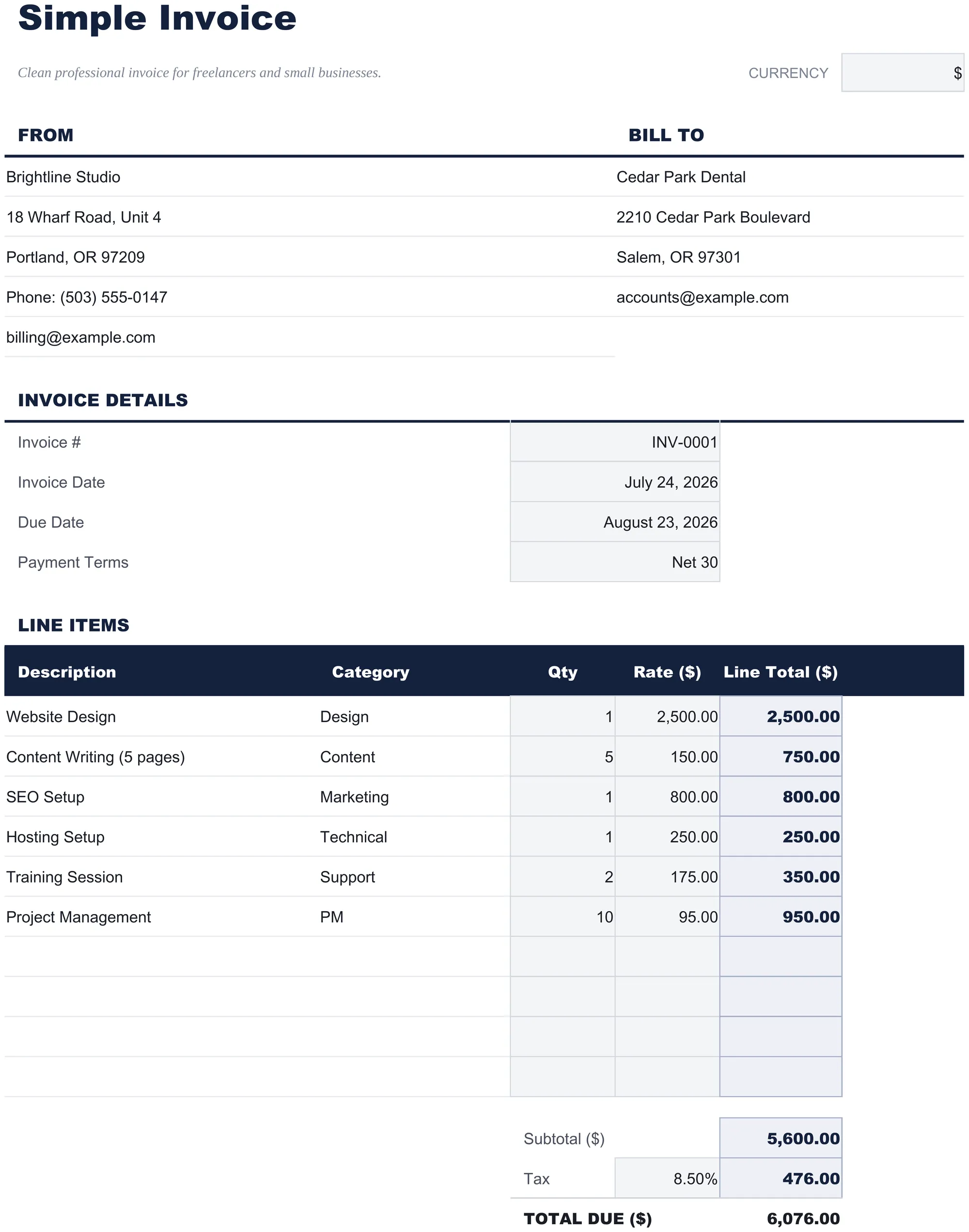 Free Simple Invoice Spreadsheet Template for Google Sheets & Excel - dashboard preview