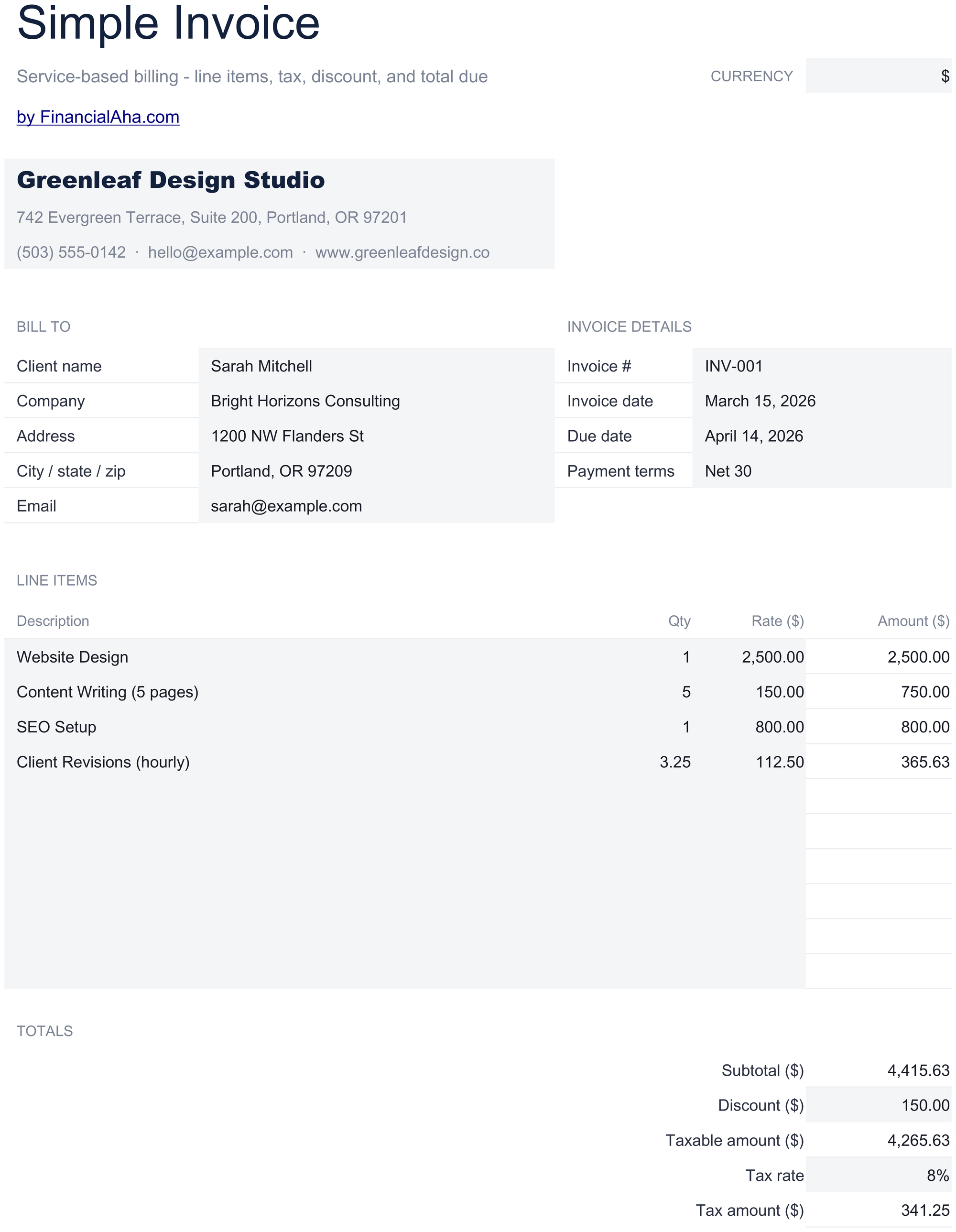 Essentials Simple Invoice spreadsheet template preview