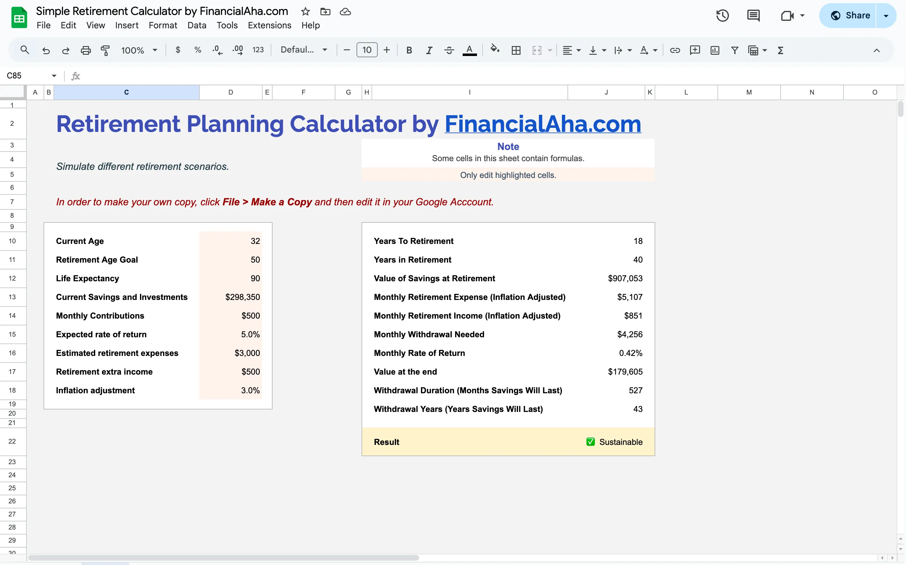 The free Simple Retirement Calculator spreadsheet showing current-age and savings inputs on the left and projected balance, monthly withdrawal, and a sustainability flag on the right