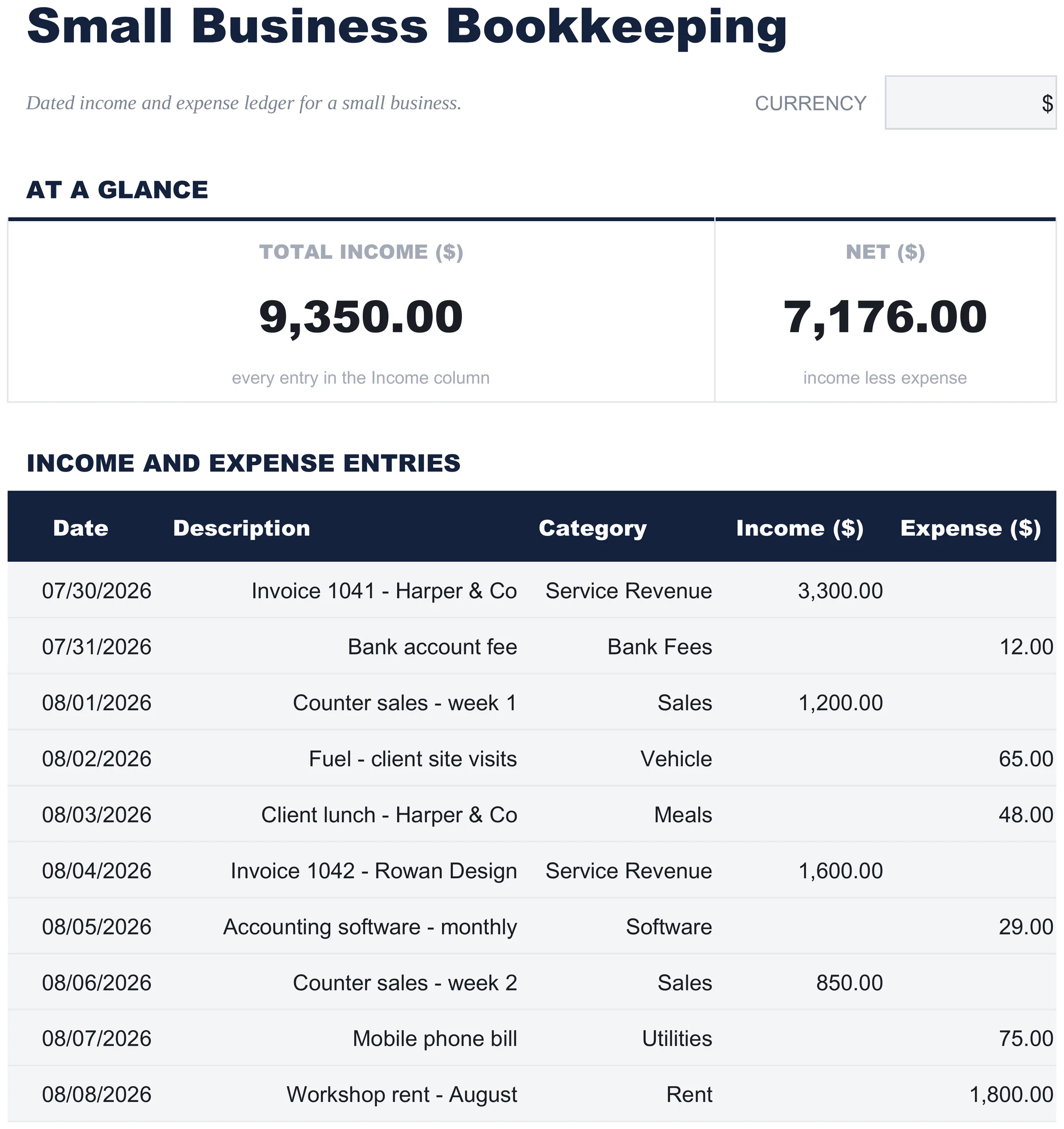 Free Small Business Bookkeeping Spreadsheet Template for Google Sheets & Excel - dashboard preview