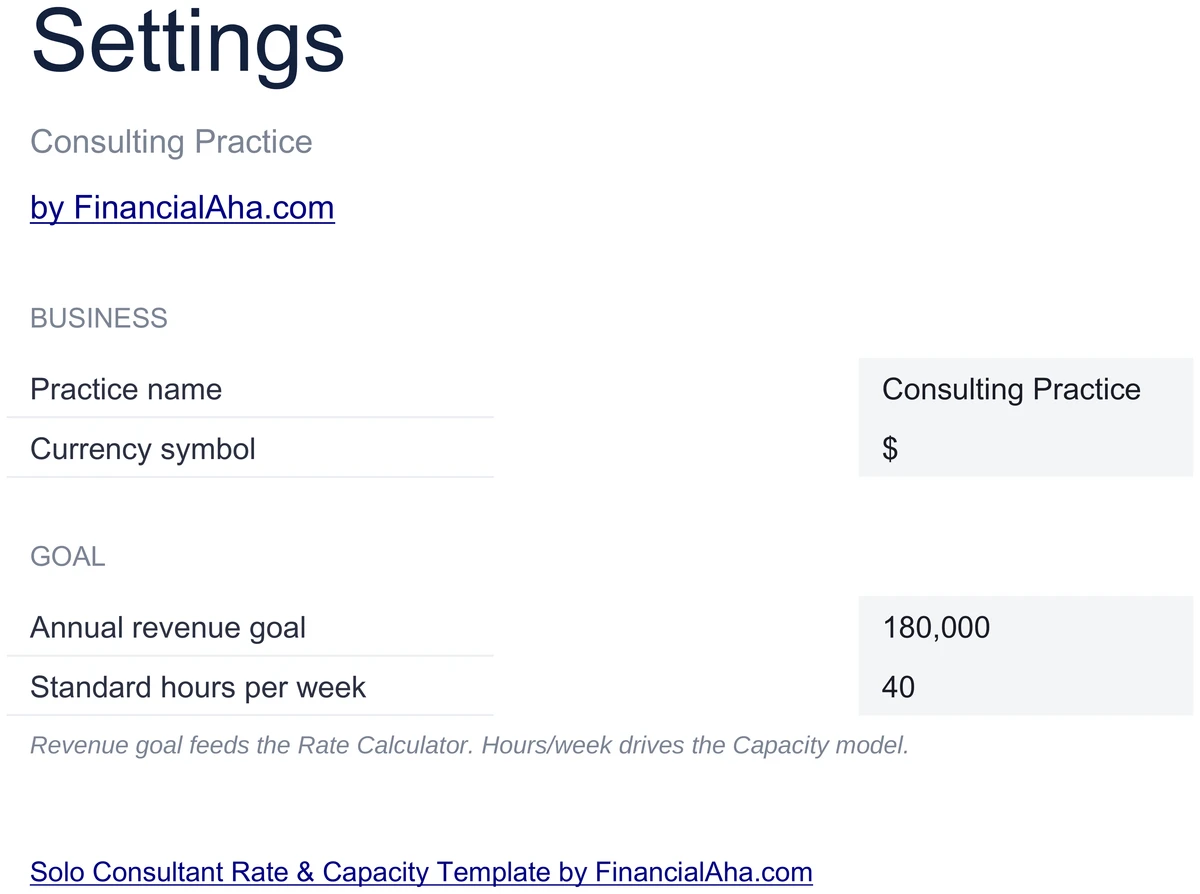 Solo Consultant Settings Sheet with Goal and Hours per Week