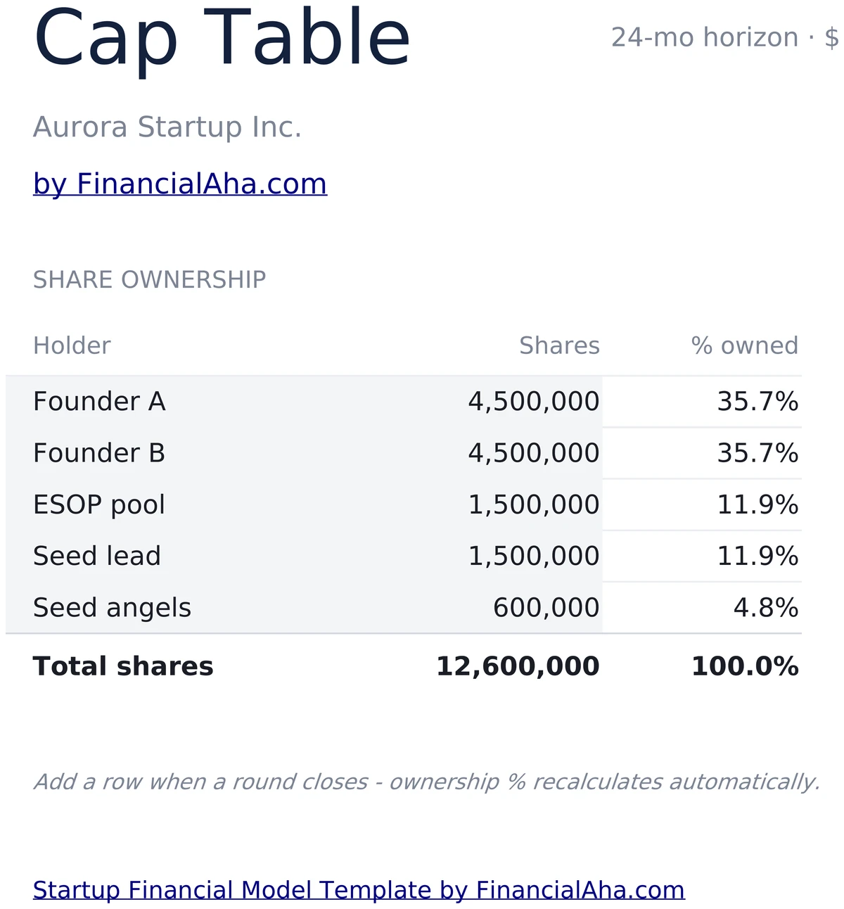 Startup Cap Table with Holders and Ownership %