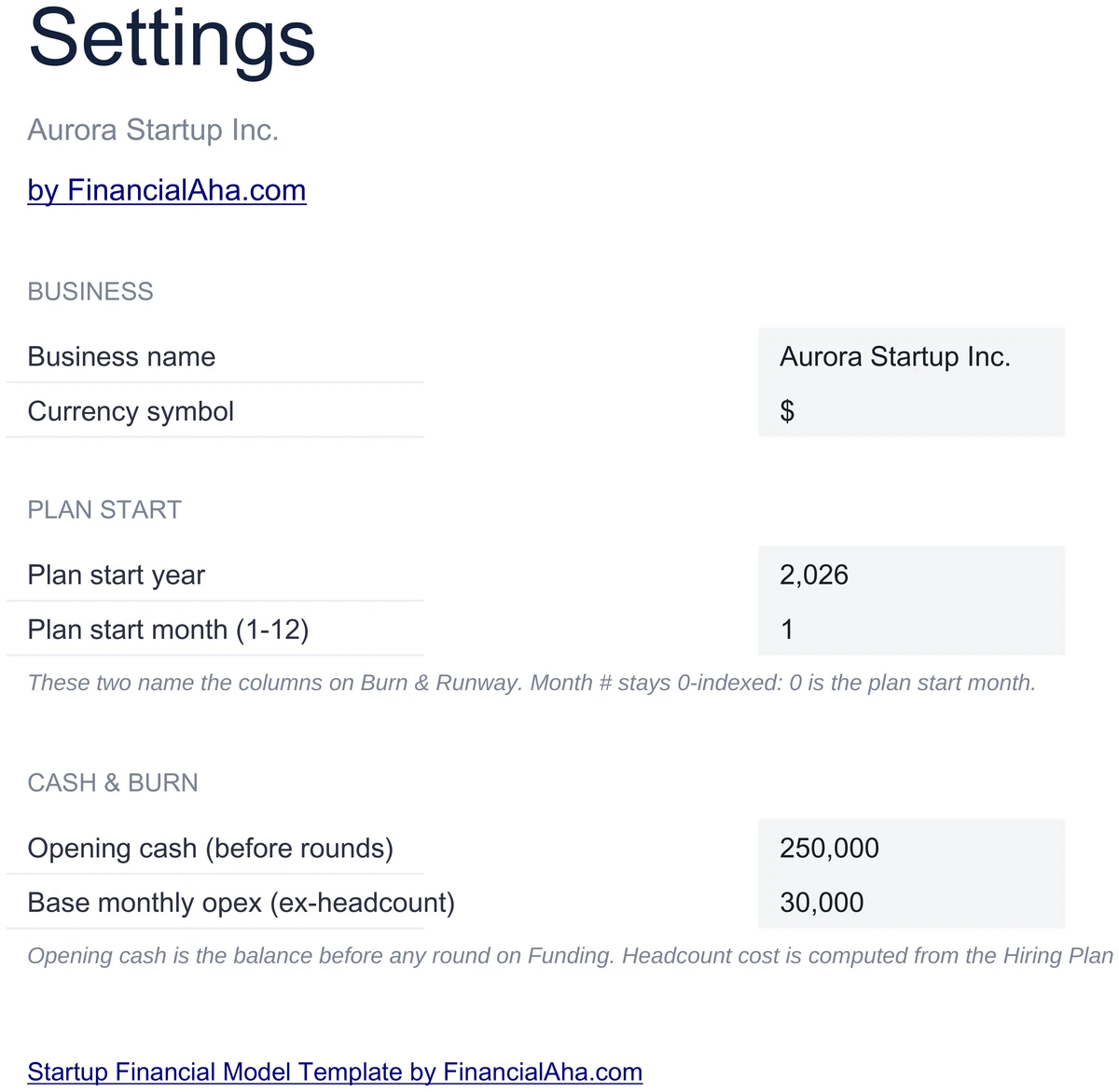 Startup Financial Model Settings