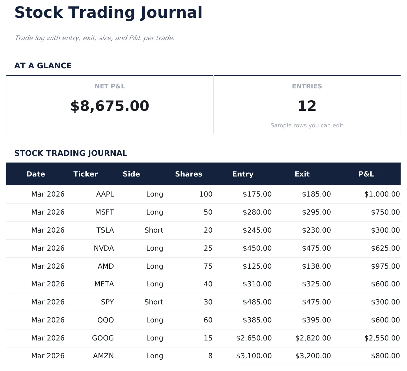 Stock Trading Journal preview