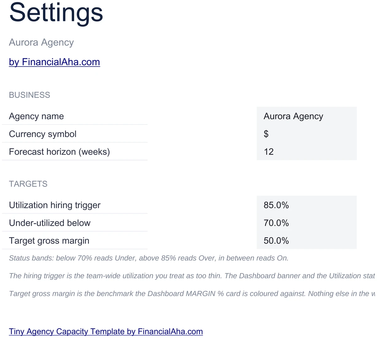 Tiny Agency Settings with Hiring Trigger and Margin Target