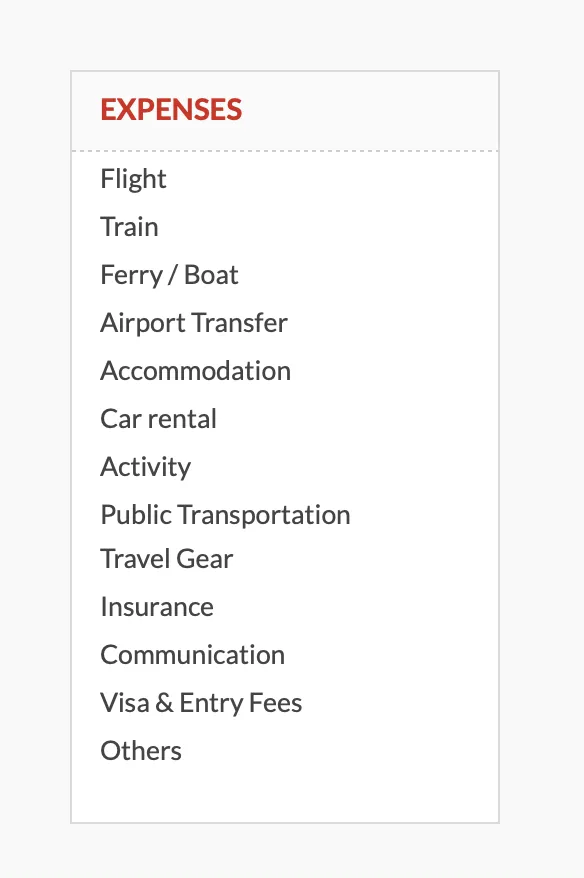 Travel expense categories