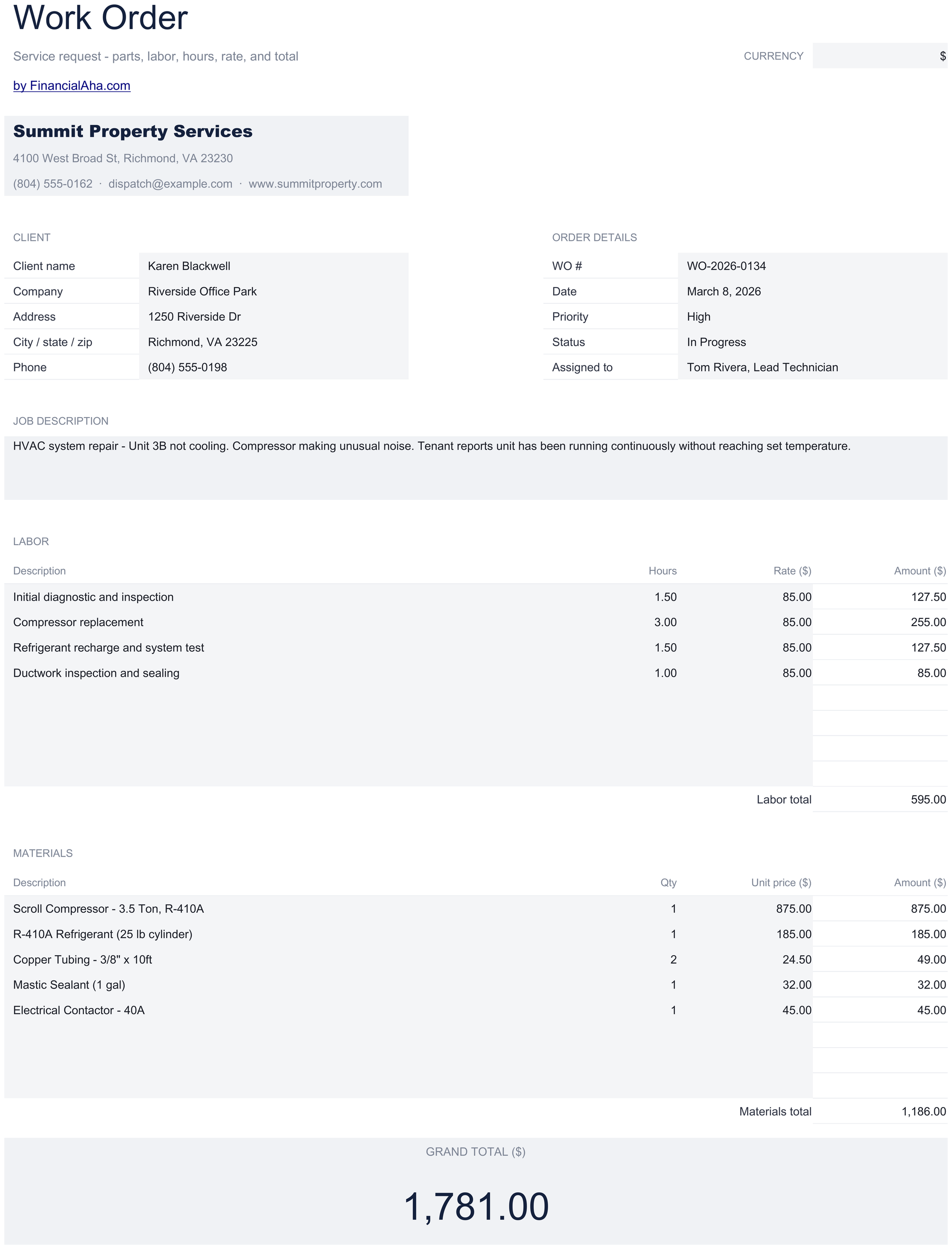 Essentials Work Order spreadsheet template preview