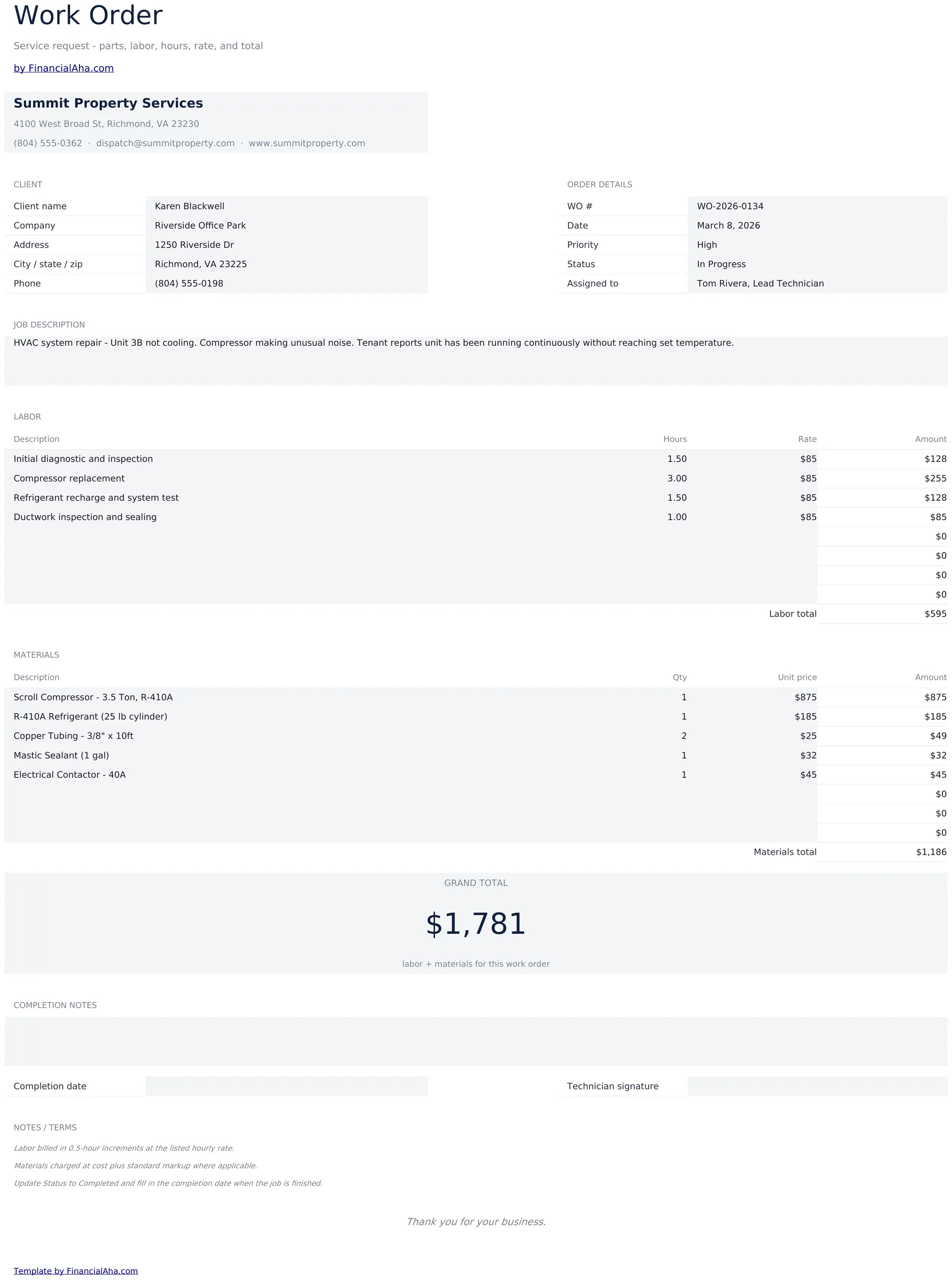 Work Order preview