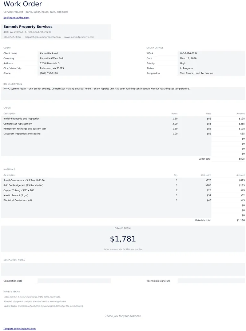 Work Order preview