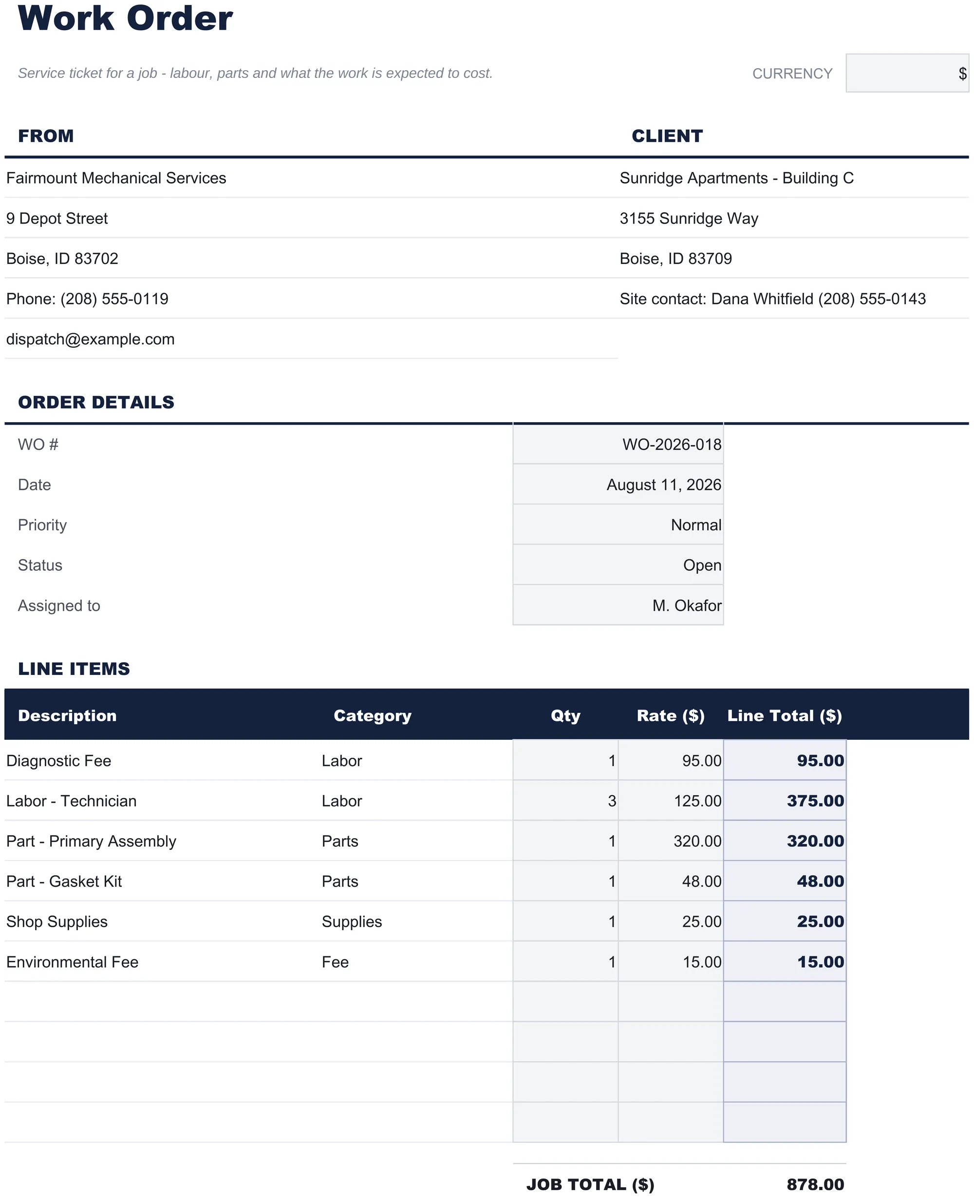Free Work Order Spreadsheet Template for Google Sheets & Excel - dashboard preview
