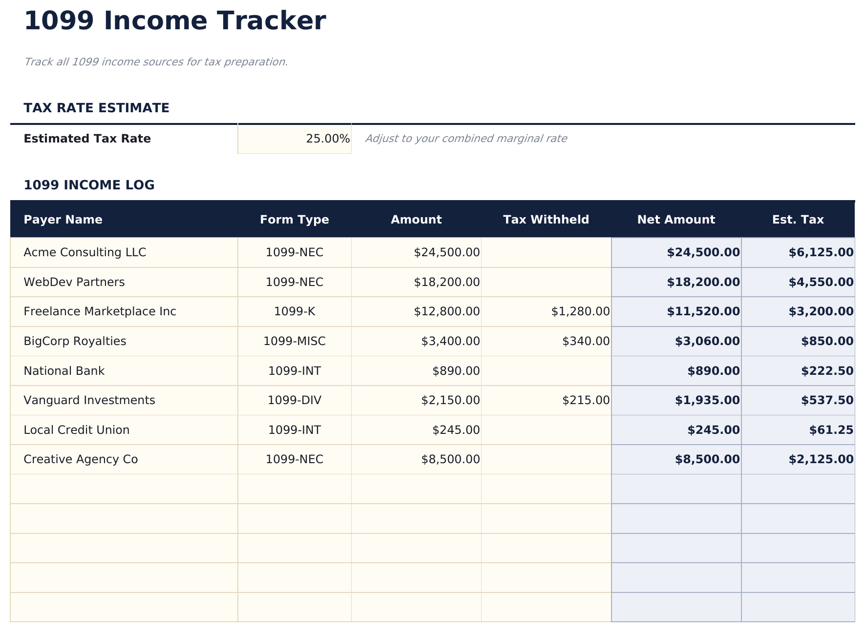 1099 Income Tracker - Income Log