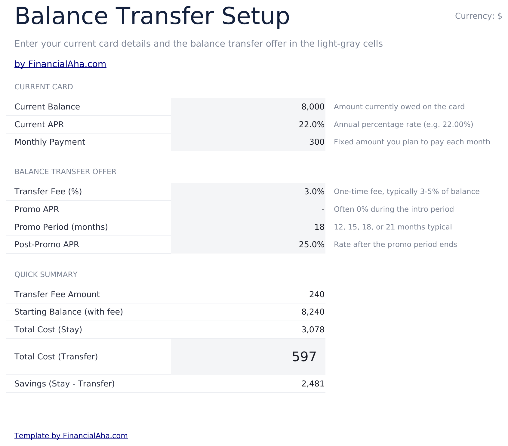余额转移计算器 - Balance Transfer Setup