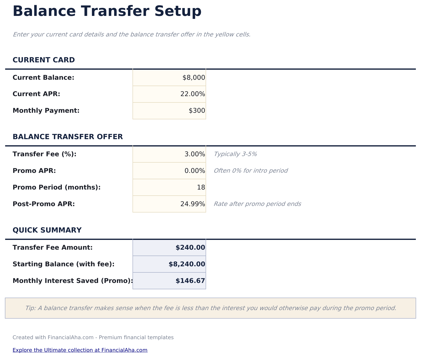 Balance Transfer Calculator - Setup