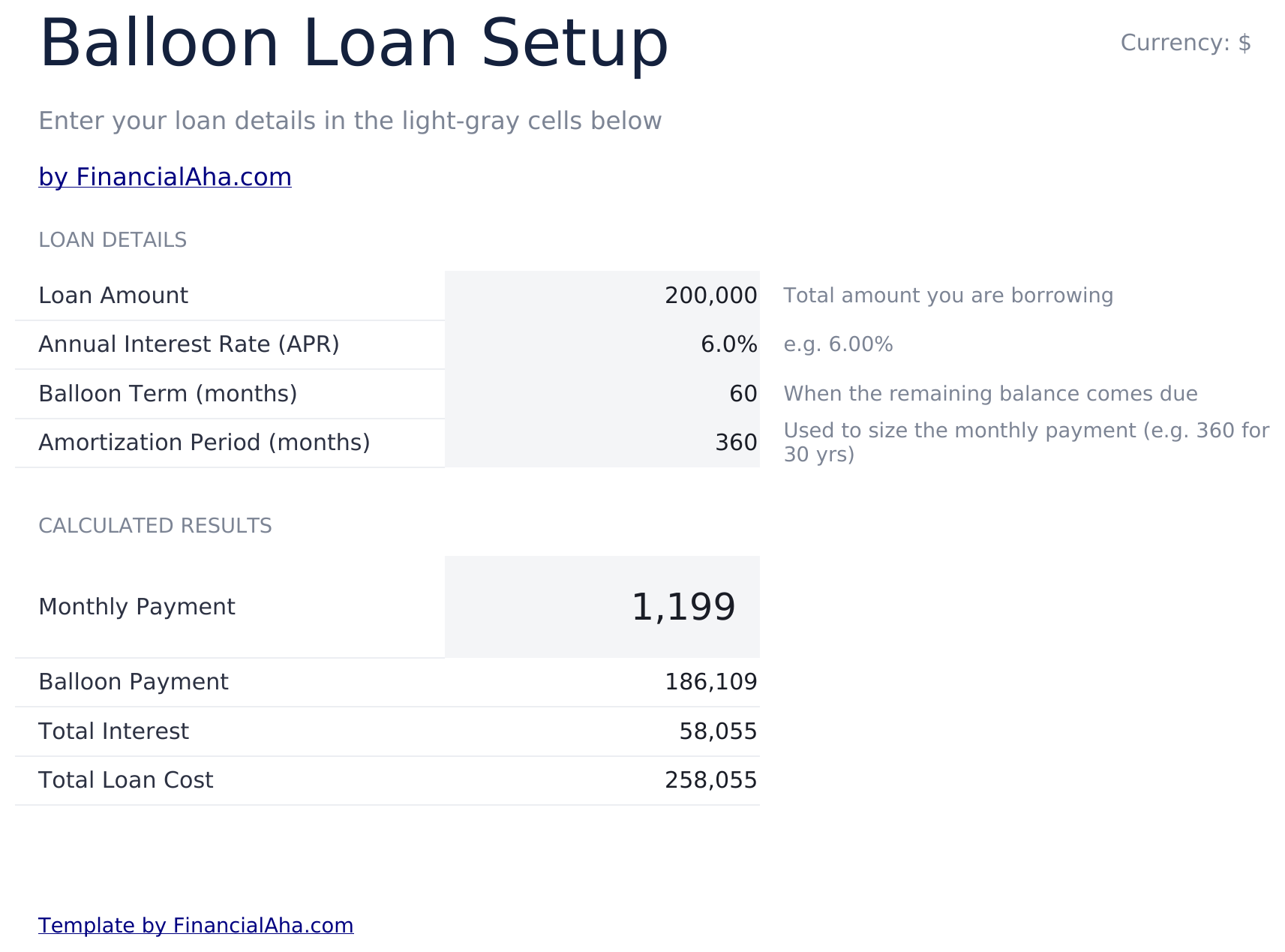 Balloon Loan Calculator - Balloon Loan Setup