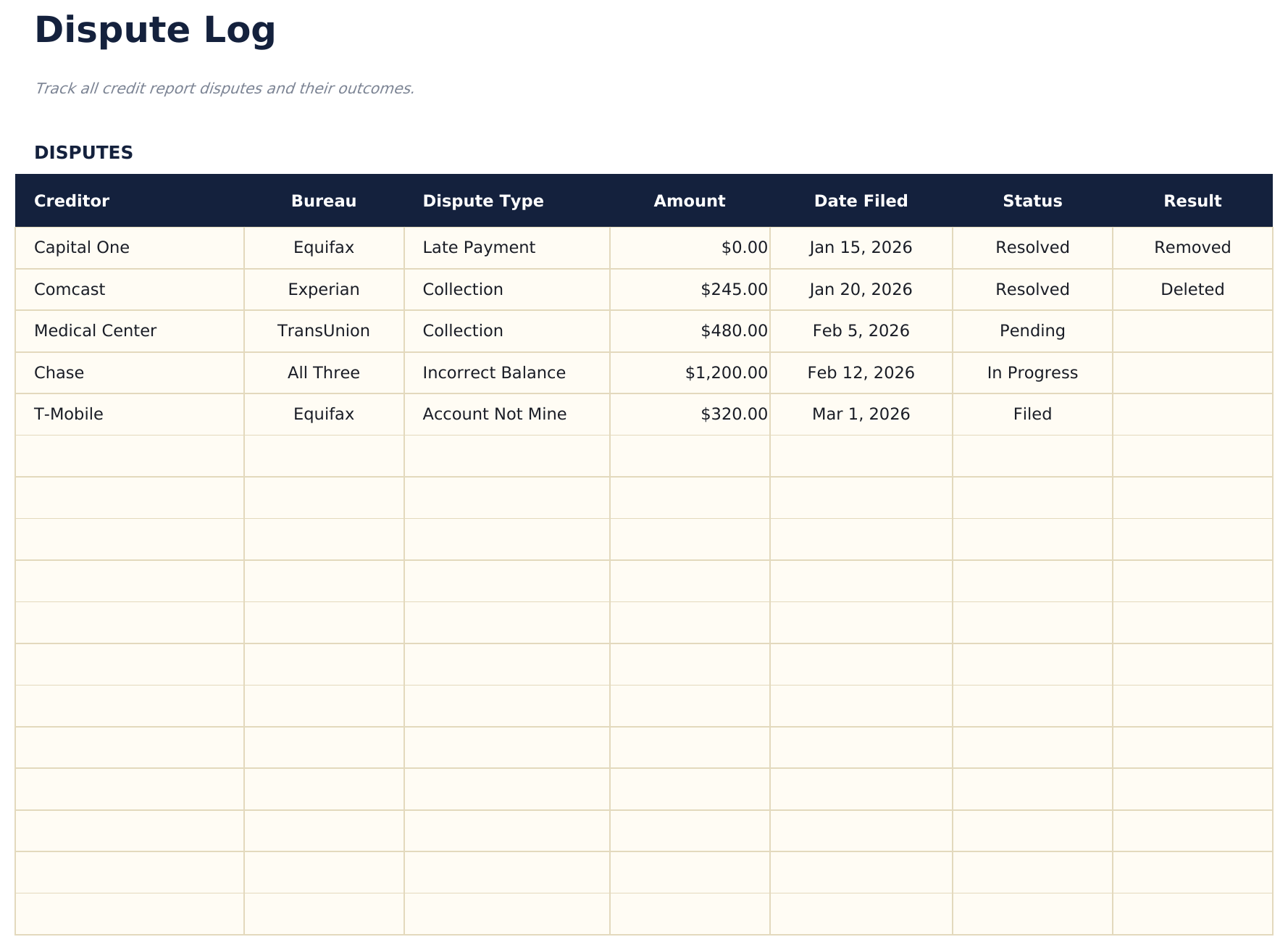 Credit Repair Spreadsheet - Dispute Log