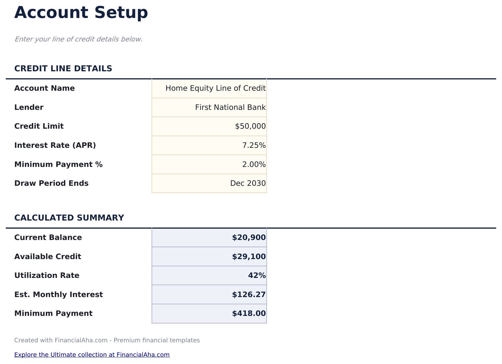 Line of Credit Tracker - Account Setup