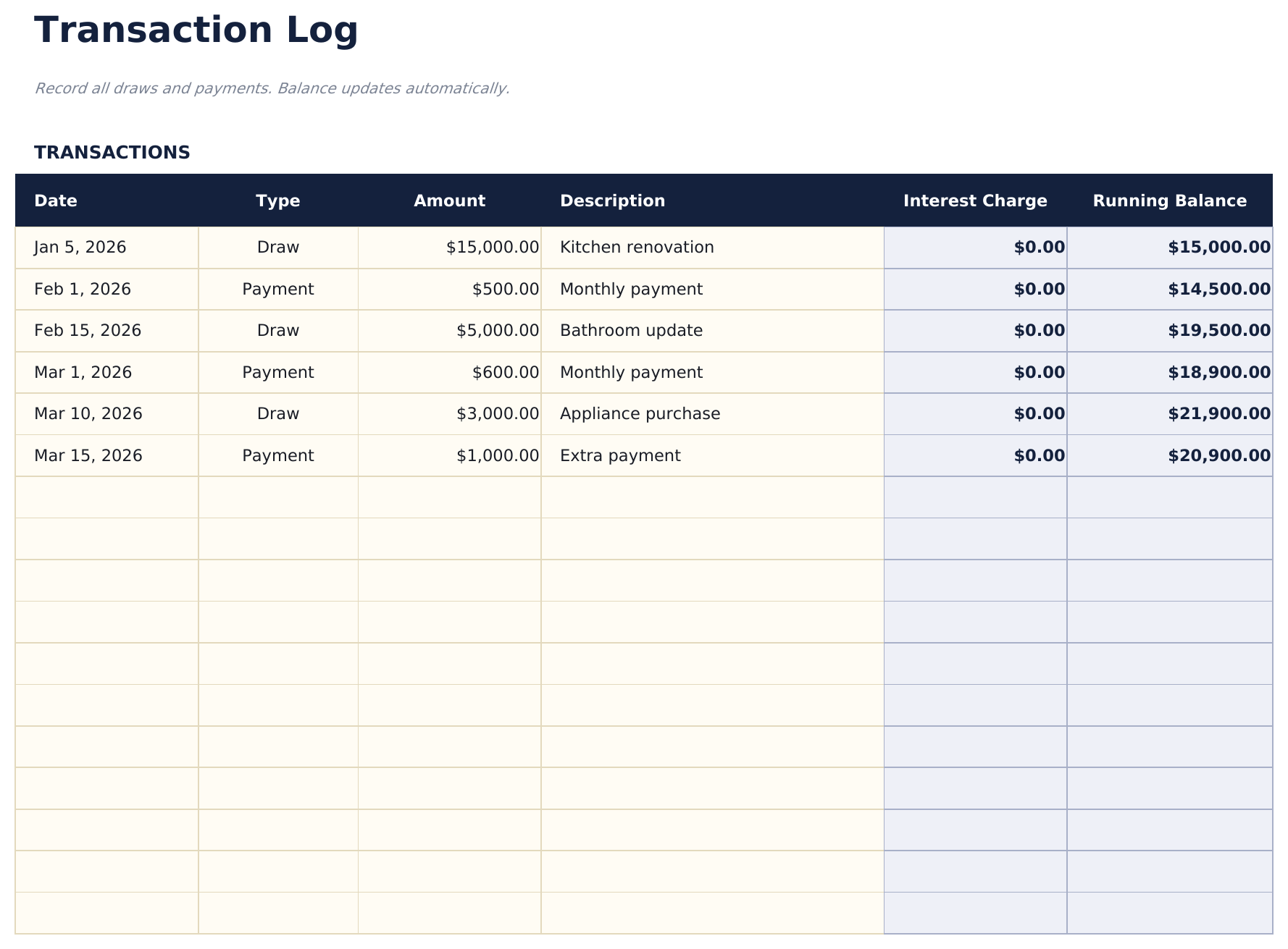 Line of Credit Tracker - Transaction Log