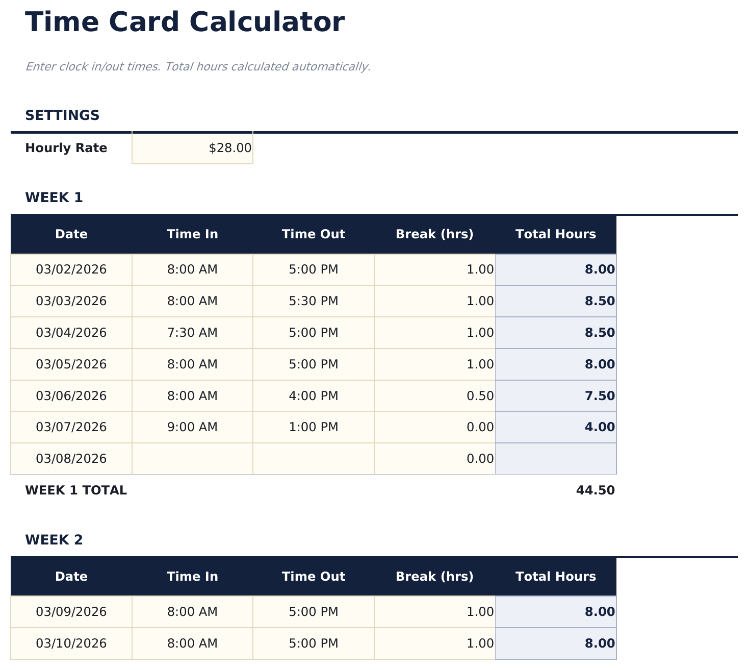 Time Card Calculator - Time Card